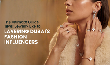 Dubai influencer wearing layered 925 silver jewelry necklaces stacked rings styling guide