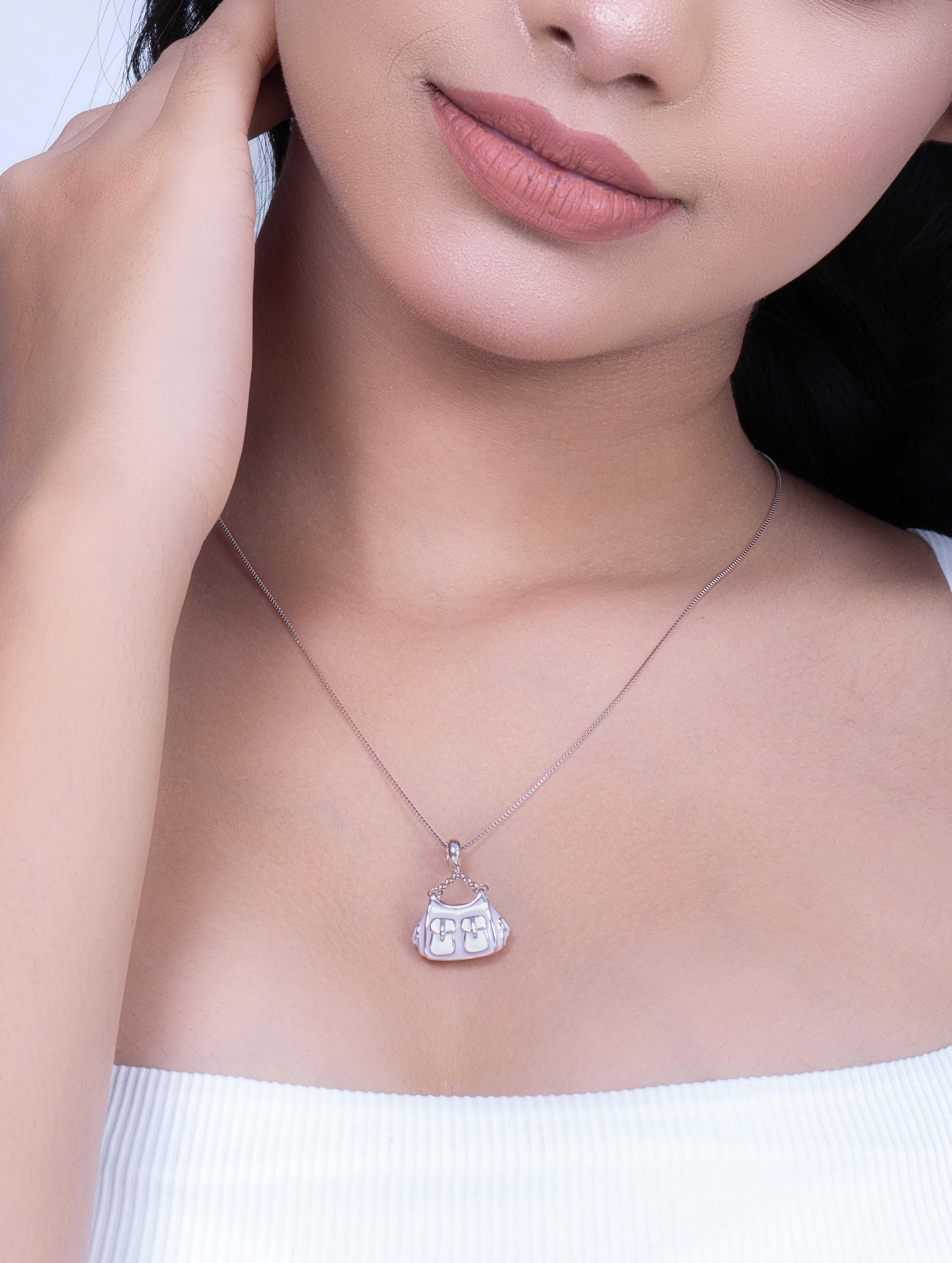 Pink & White Enamel Handbag Pendant with Silver Chain