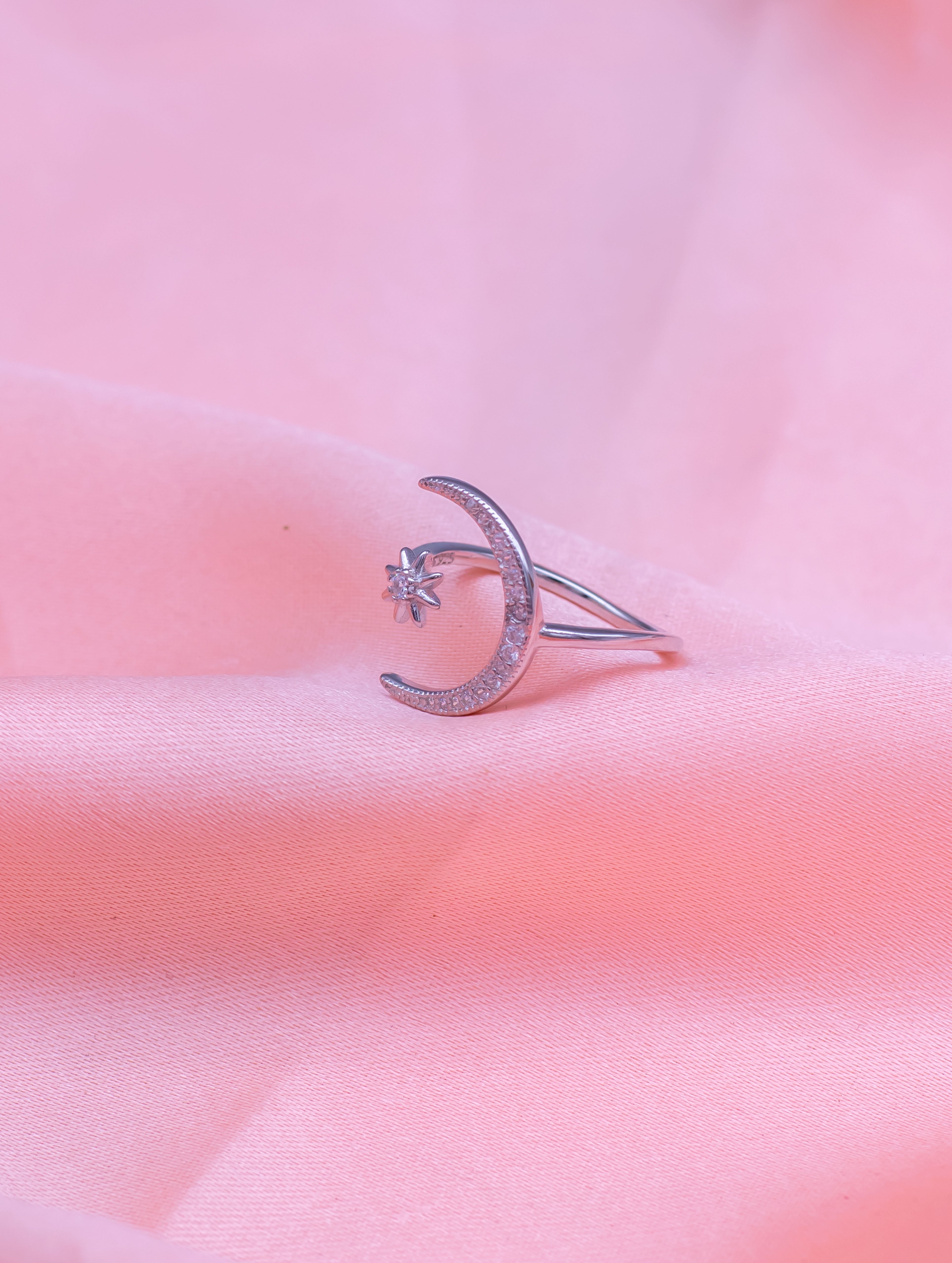 Silver Crescent Moon & Star Ring