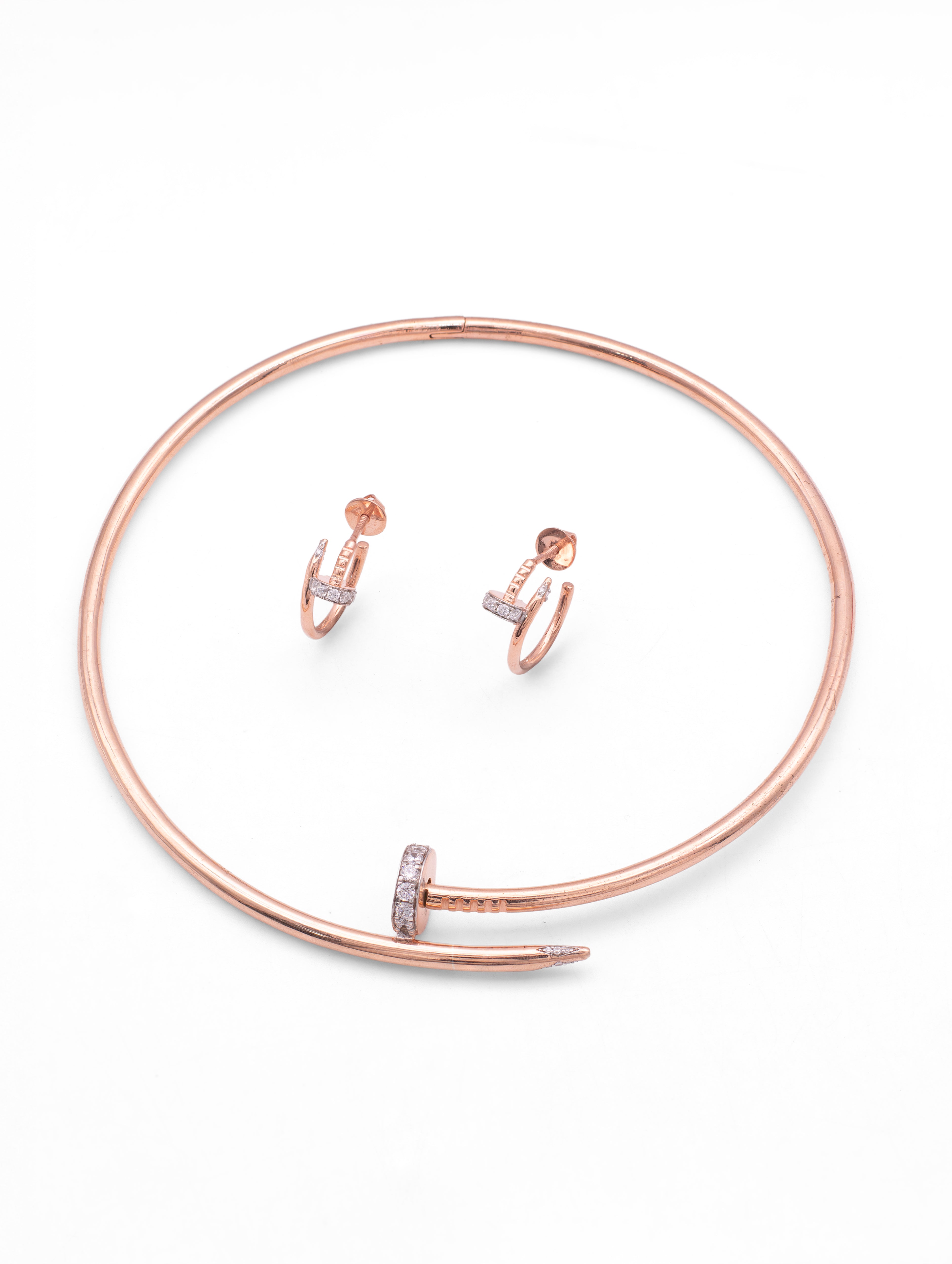 Rose Gold-Tone Twisted Nail Bangle & Hoop Earrings Set with White Swarovski Zircon