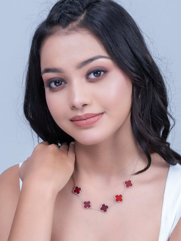 Red Enamel Clover Silver Necklace