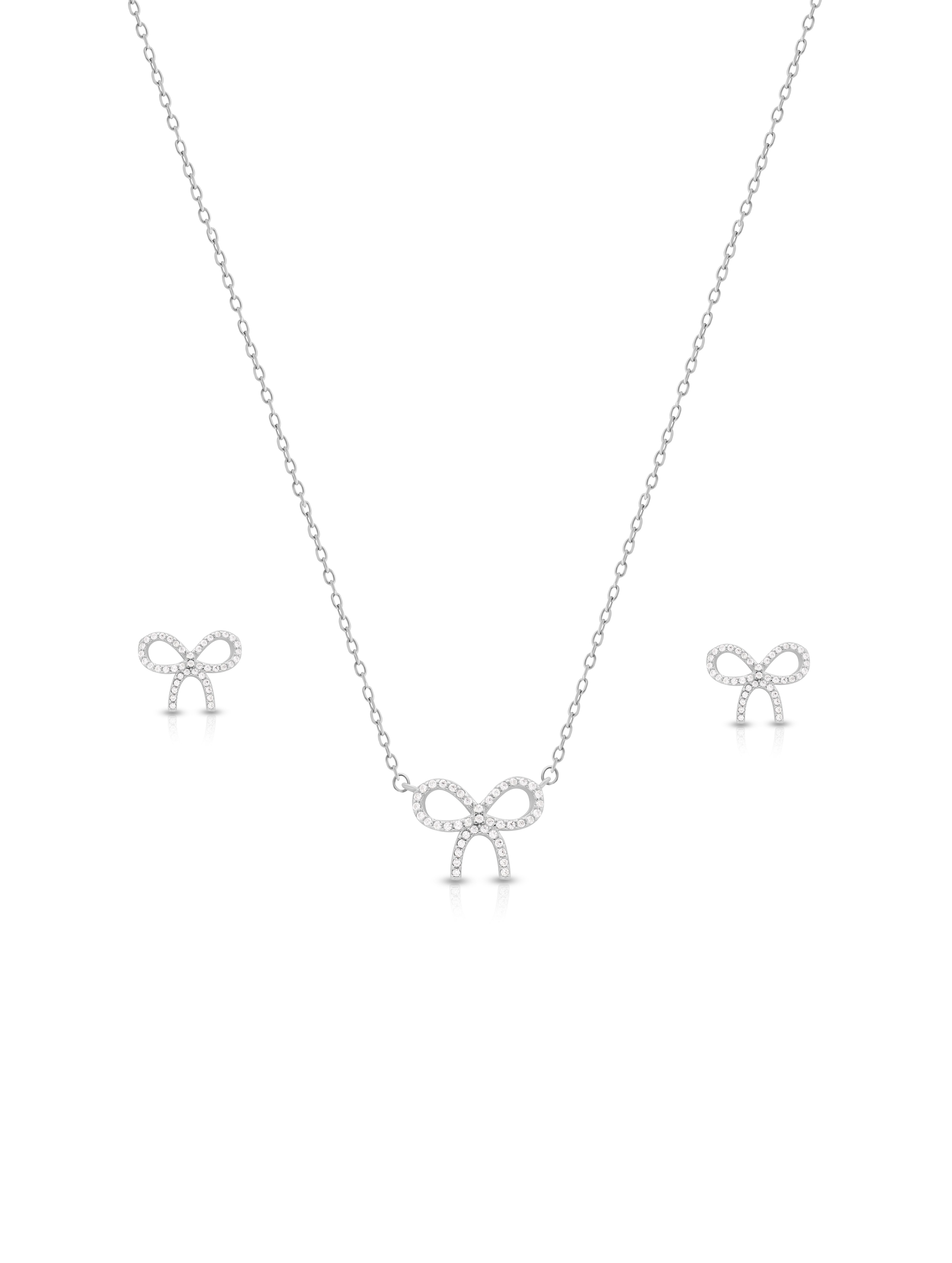Bow Design Silver Chain & Stud Earrings Set