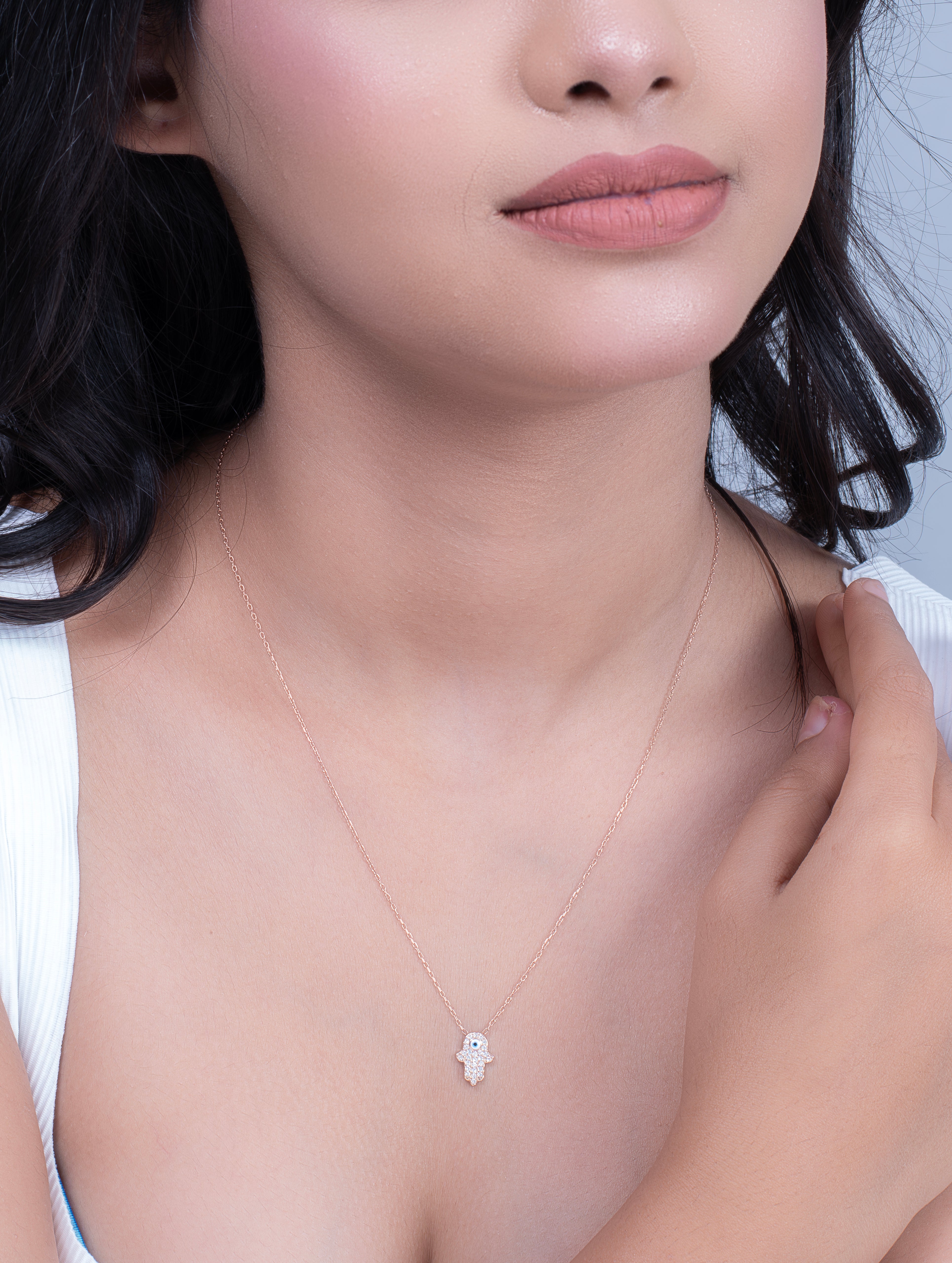 Hamsa Hand Evil Eye Silver Necklace with Swarovski Zircon