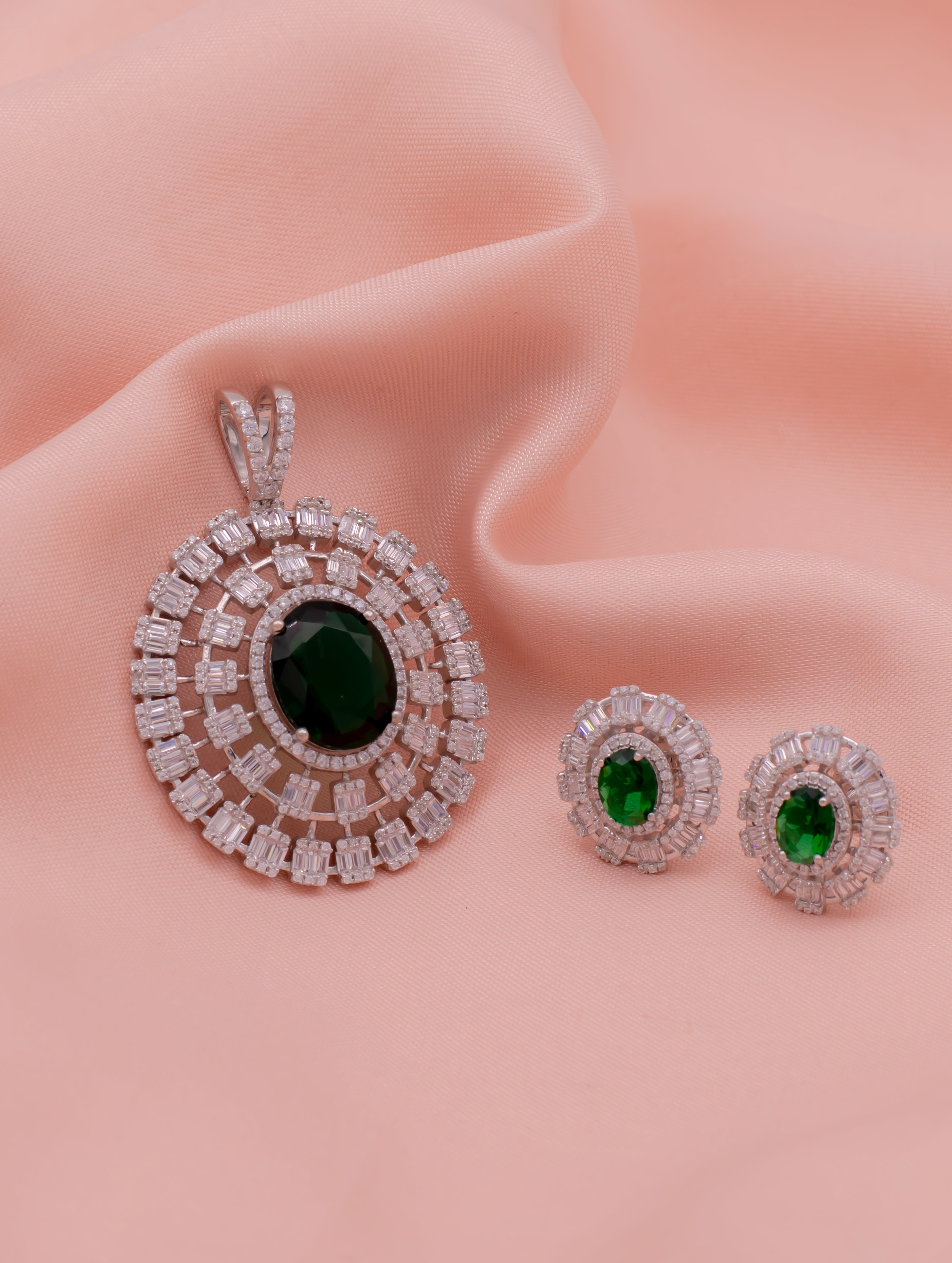 Green Stone & White Swarovski Zircon Pendant Set