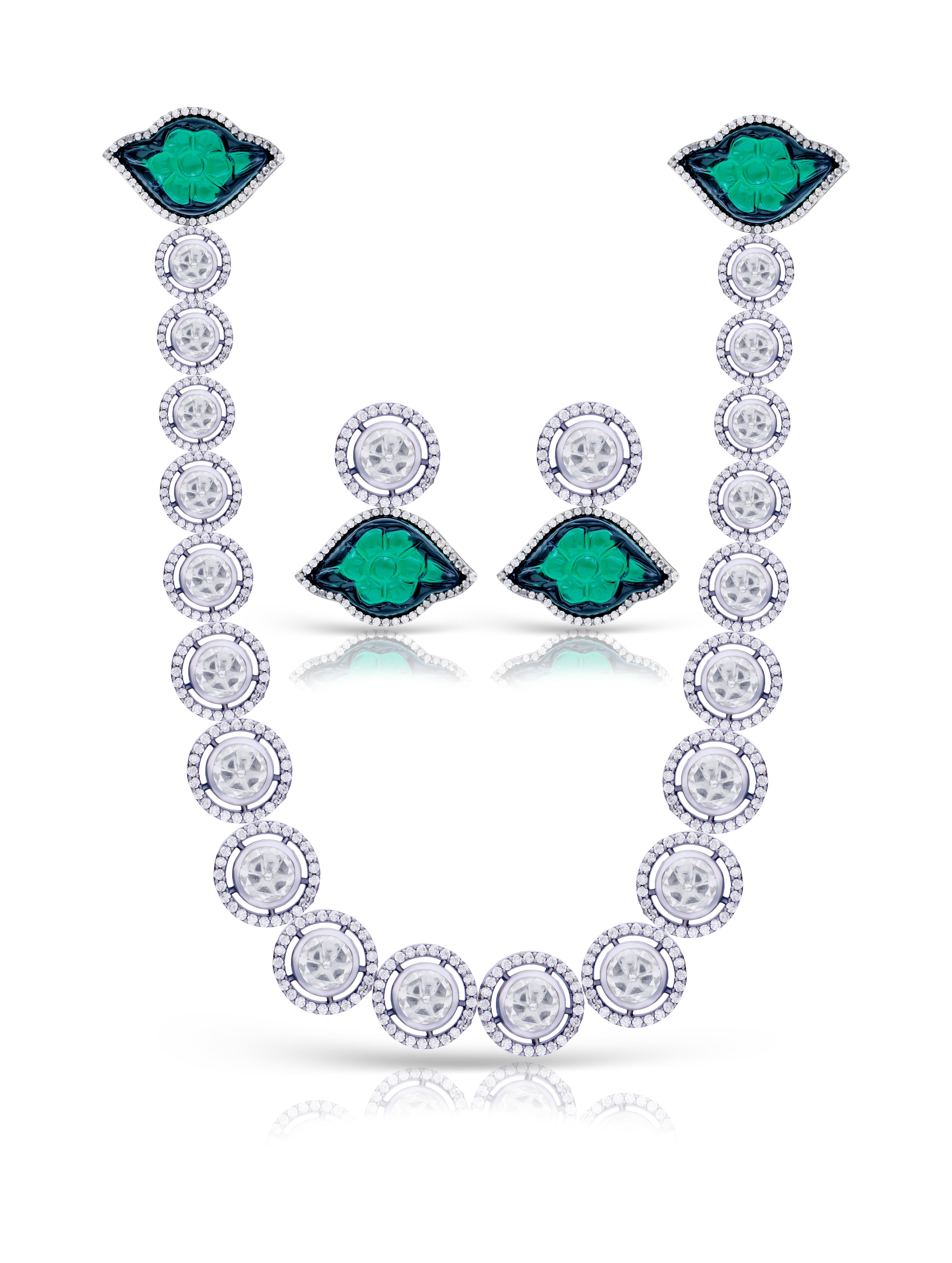 Long Silver Moissanite & Emerald Necklace & Earrings Set