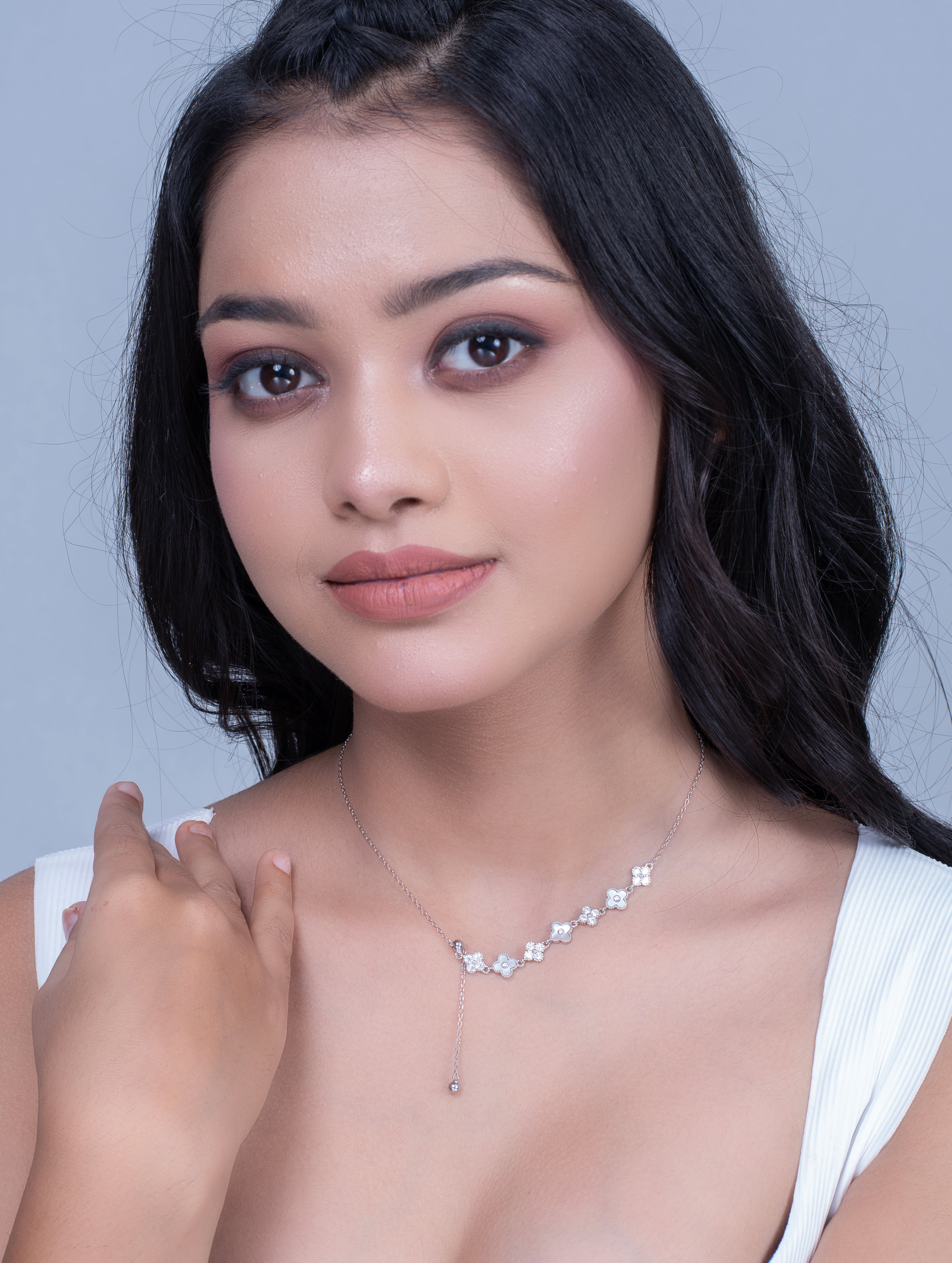 Floral & Clover Motif Silver Necklace with Swarovski Zircon