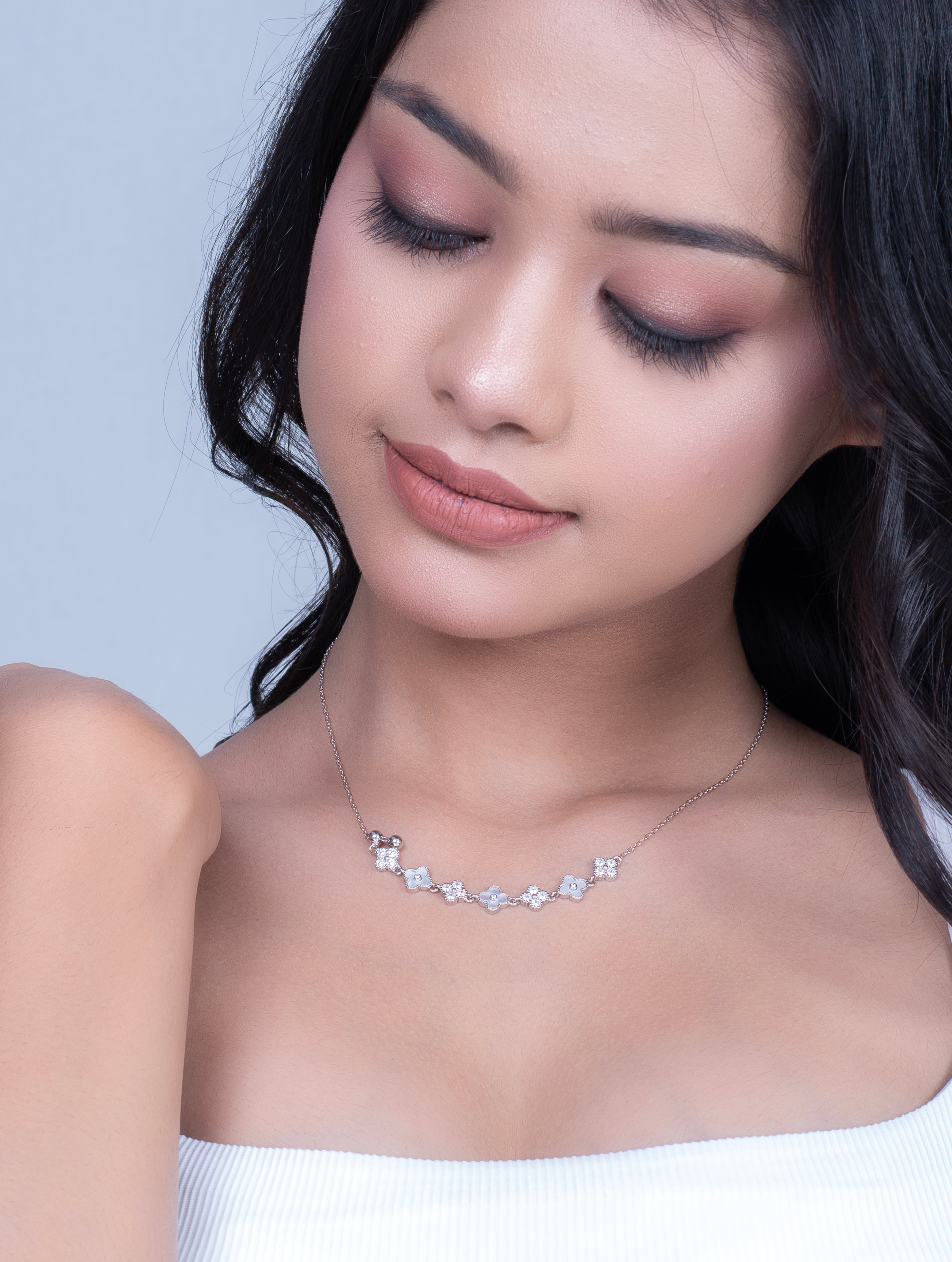 Floral & Clover Motif Silver Necklace with Swarovski Zircon