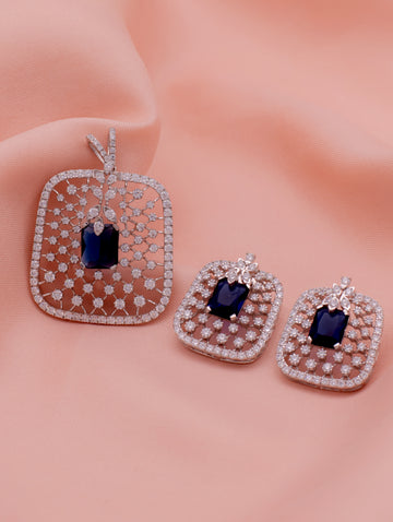 Blue Stone & White Swarovski Zircon Rounded Square Pendant & Earrings Set