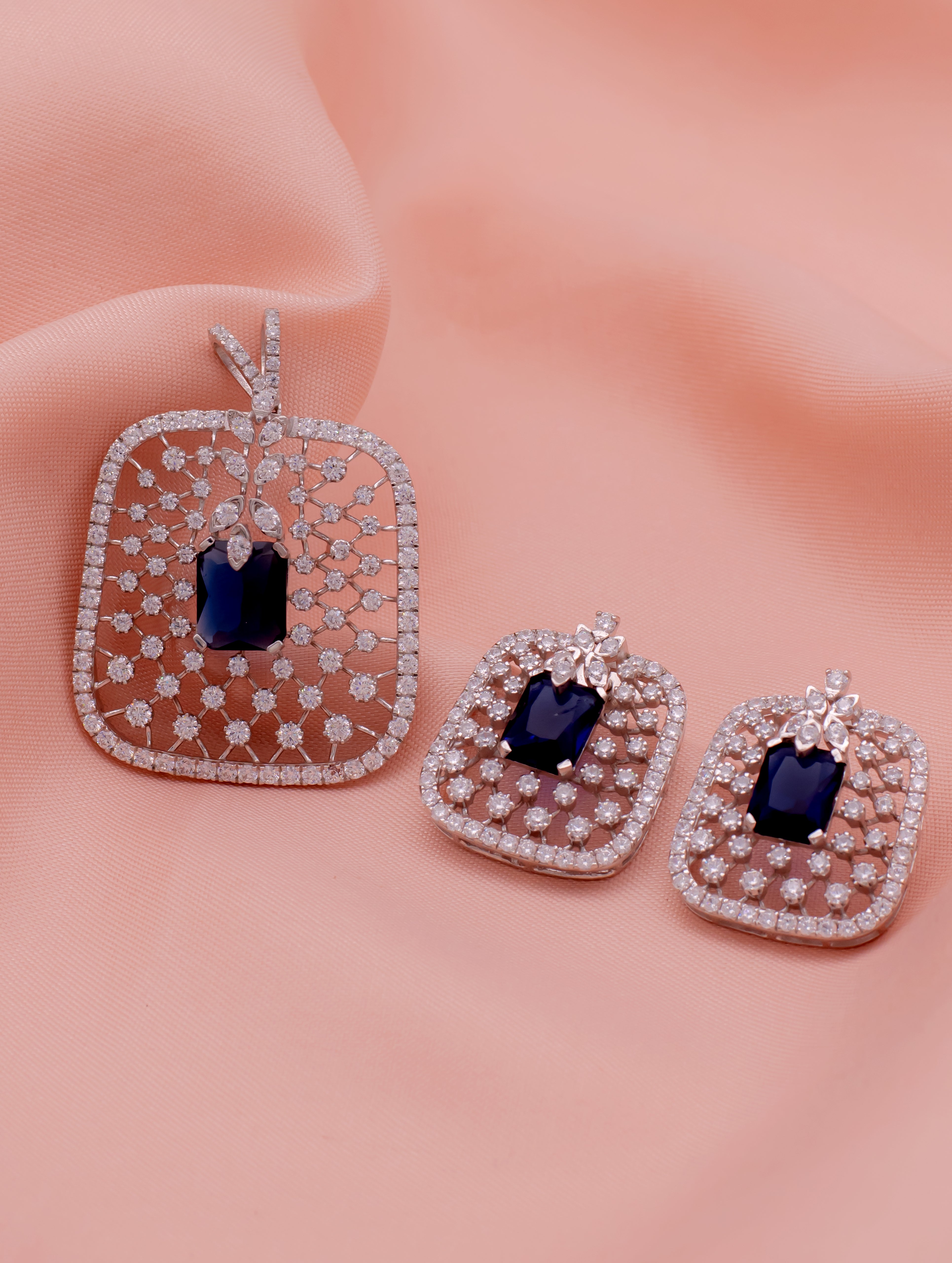 Blue Stone & White Swarovski Zircon Rounded Square Pendant & Earrings Set