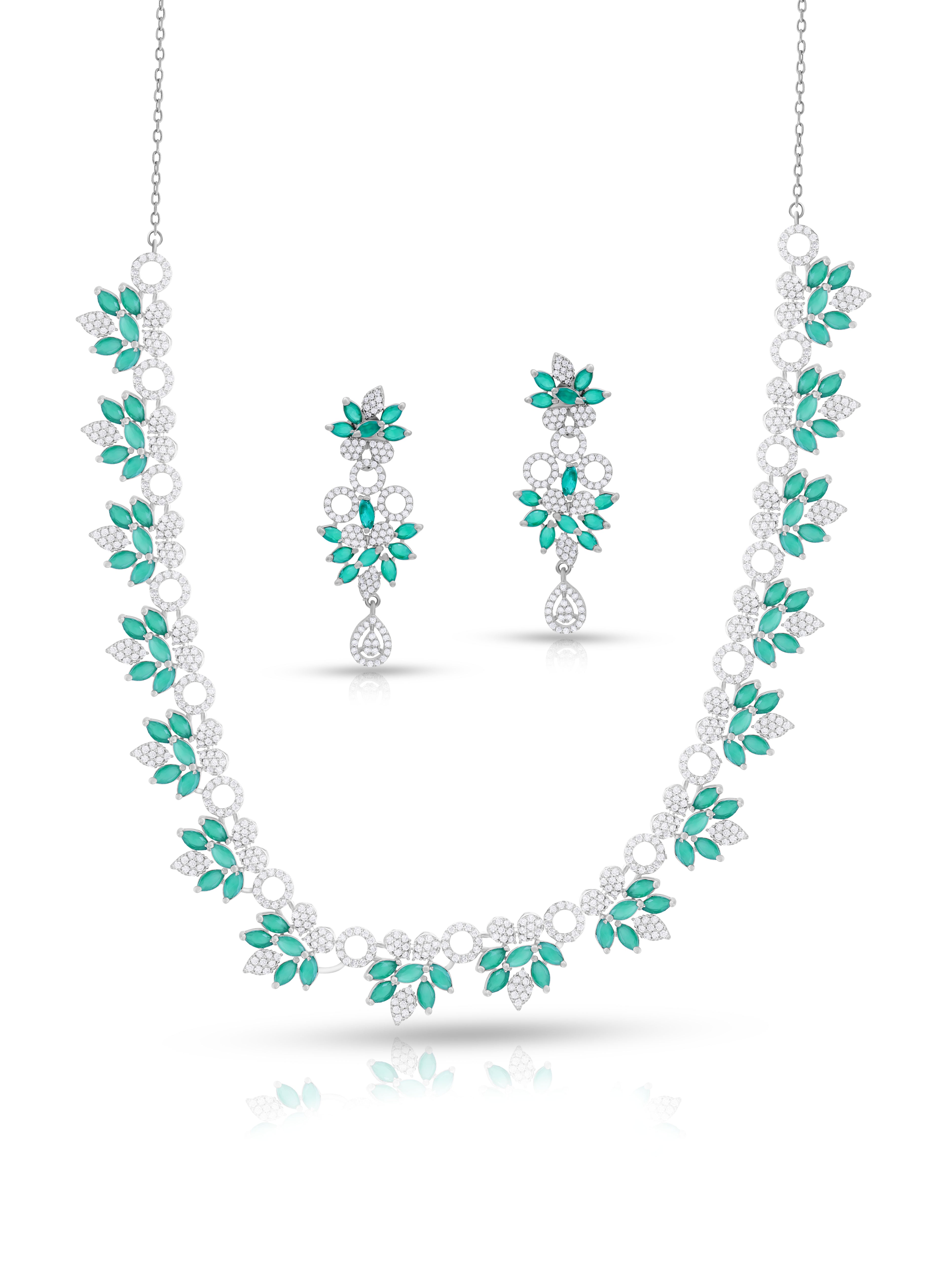 Silver Green & White Stone Necklace & Earrings Set