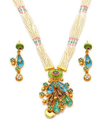 Gold-Plated Kundan Meenakari Floral Necklace & Earring Set