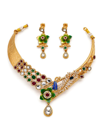 Antique Gold Coin & Enamel Leaf Choker Necklace & Earring Set
