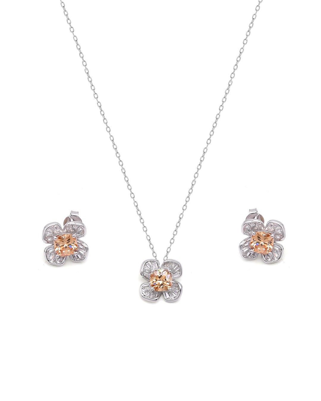 Gold-Plated Baguette Rose & Pearl Necklace & Earring Set