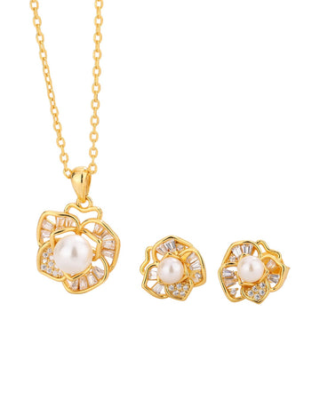 Gold-Plated Tropical Leaf & Pink Gemstone Jewellery Set
