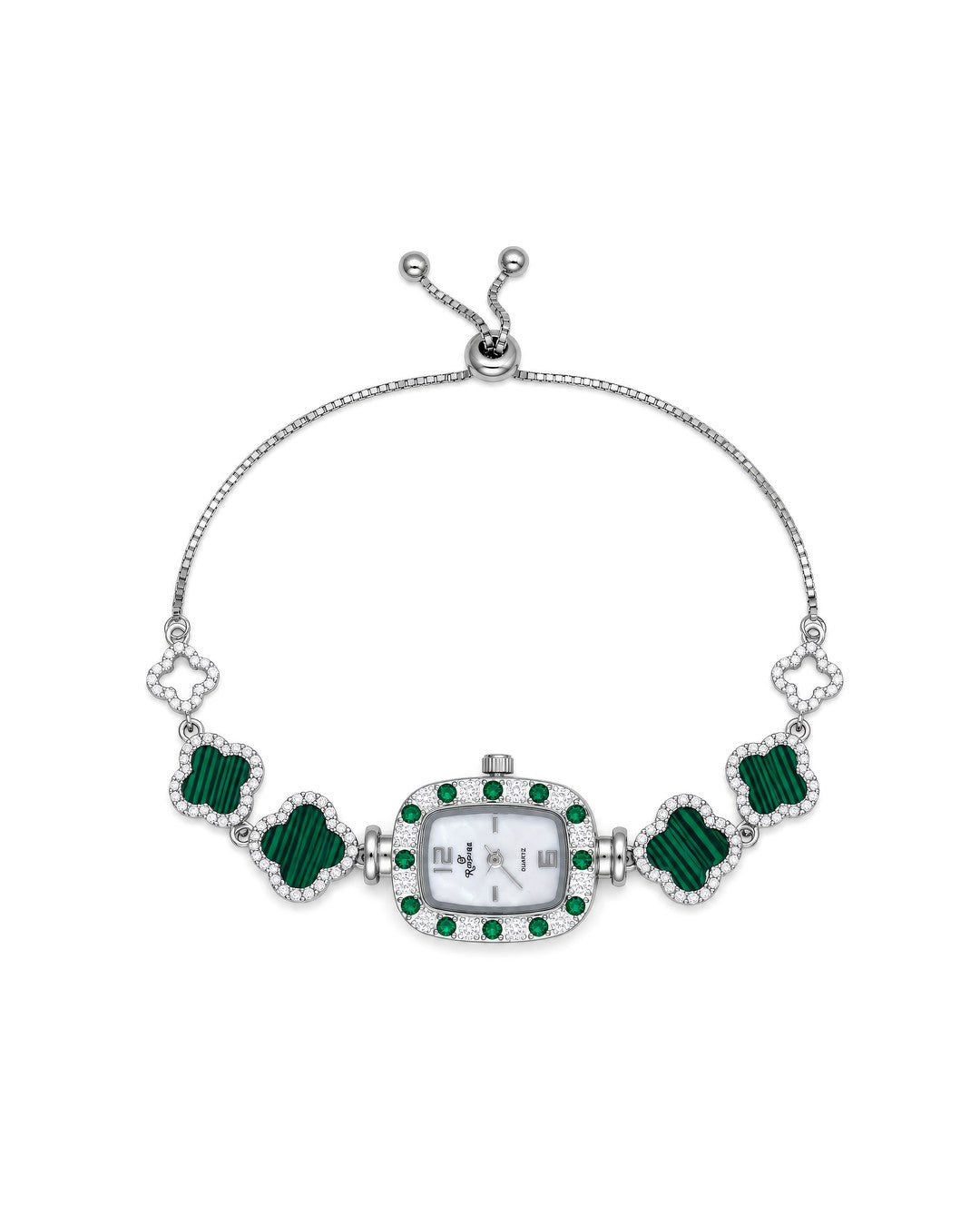 Pave Rectangular Clover-Link Watch Bracelet
