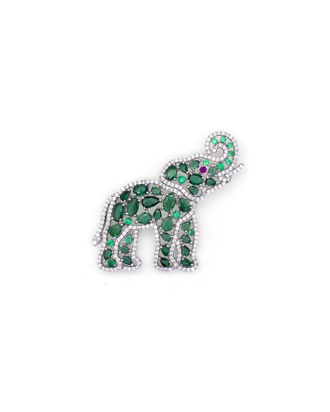 Green Gemstone Pave Elephant Brooch with Pink Eye