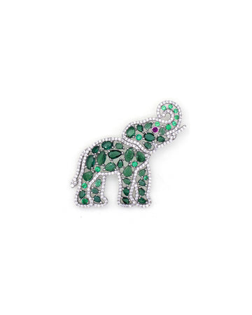Green Gemstone Pave Elephant Brooch with Pink Eye