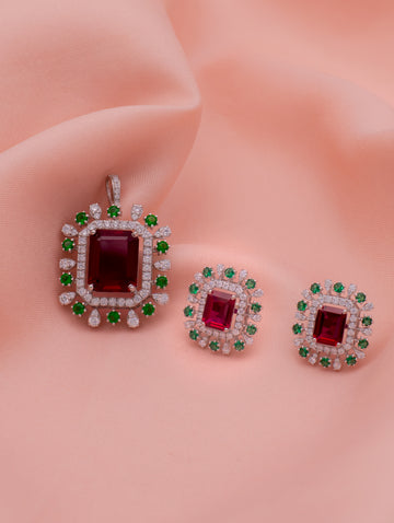 Red & Green Stone Rectangular Pendant & Earrings Set with Swarovski Zircon