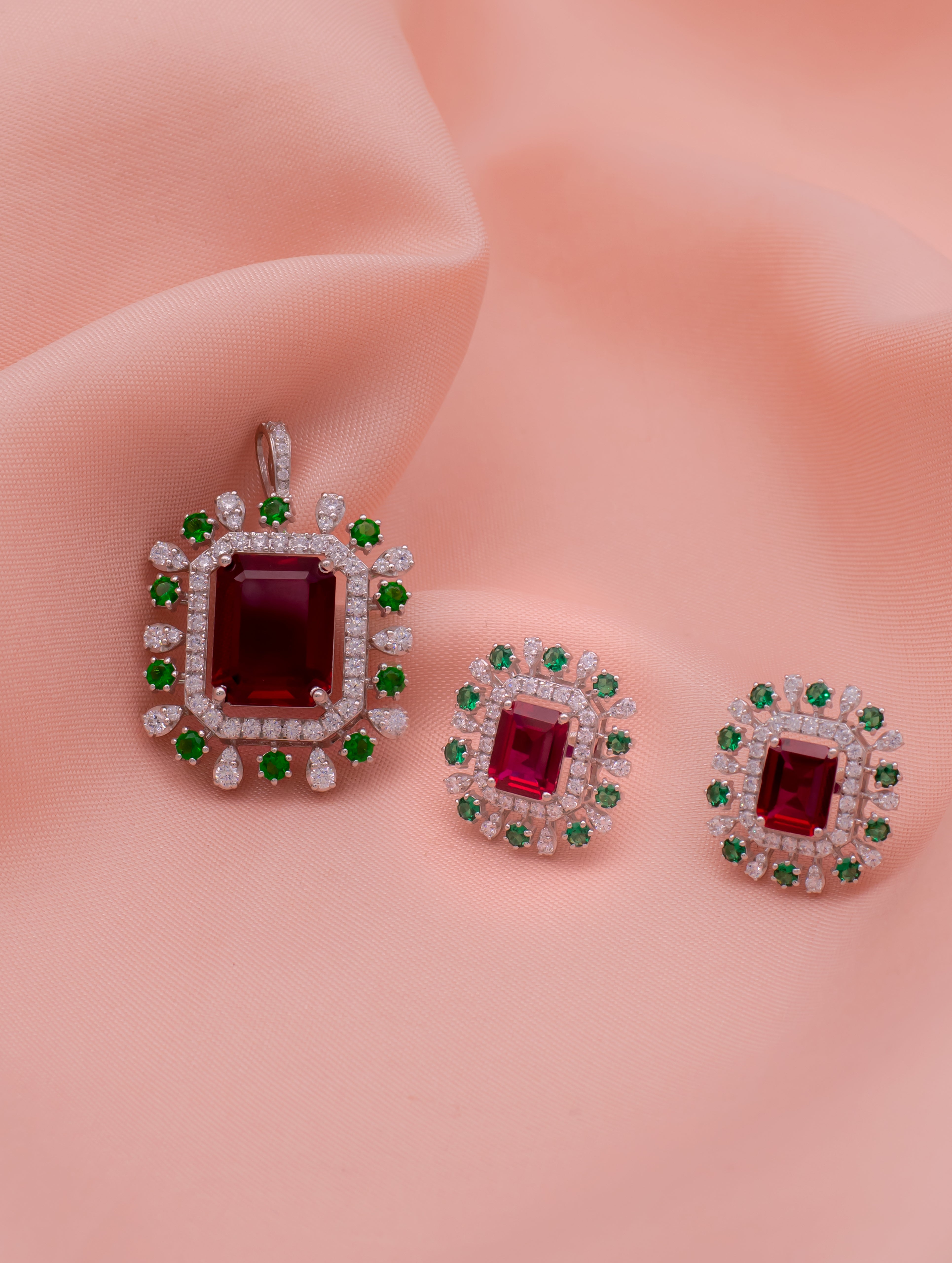 Red & Green Stone Rectangular Pendant & Earrings Set with Swarovski Zircon