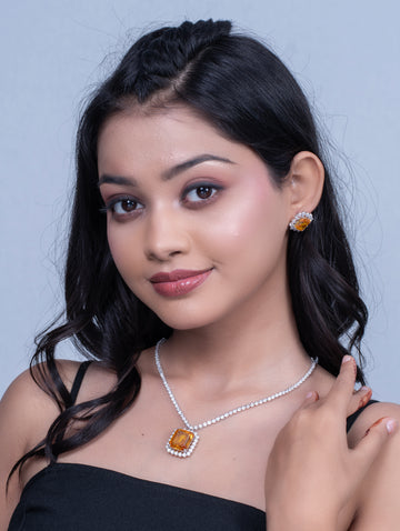 Emerald-Cut Yellow Stone Silver Necklace & Earrings Set