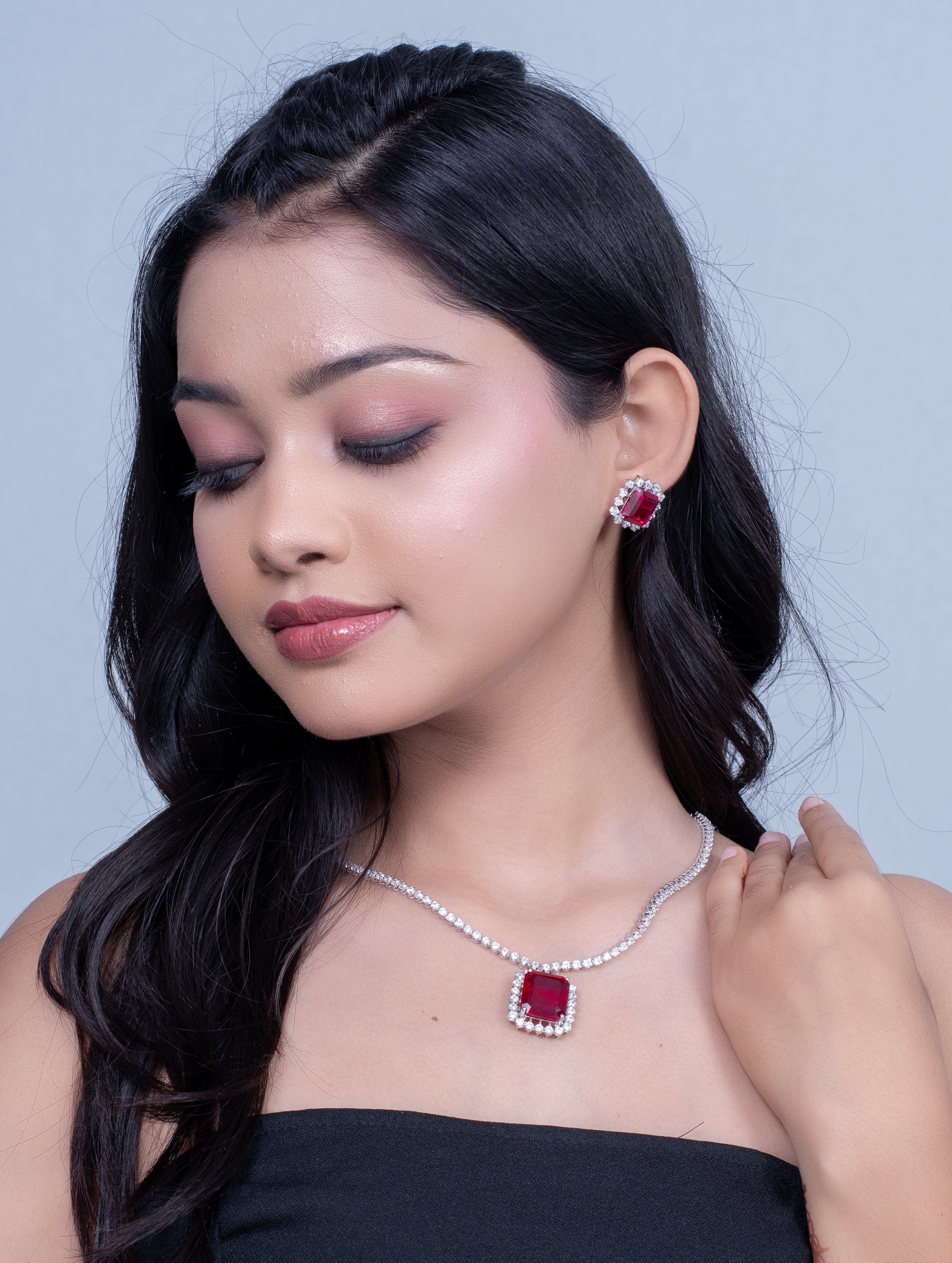 Emerald-Cut Red Stone Silver Necklace & Earrings Set