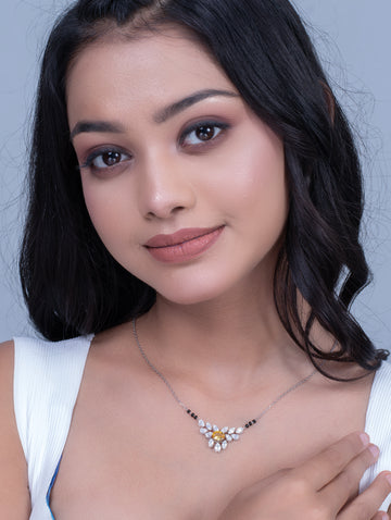Yellow Stone & Black Beads Silver-Tone Mangalsutra Necklace