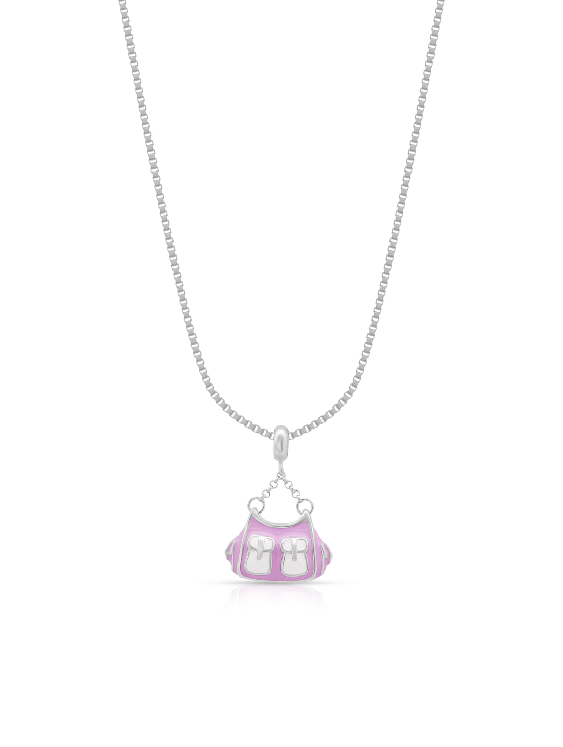 Pink & White Enamel Handbag Pendant with Silver Chain
