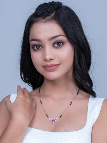 Magenta Stone & Black Beads Gold-Tone Mangalsutra Necklace