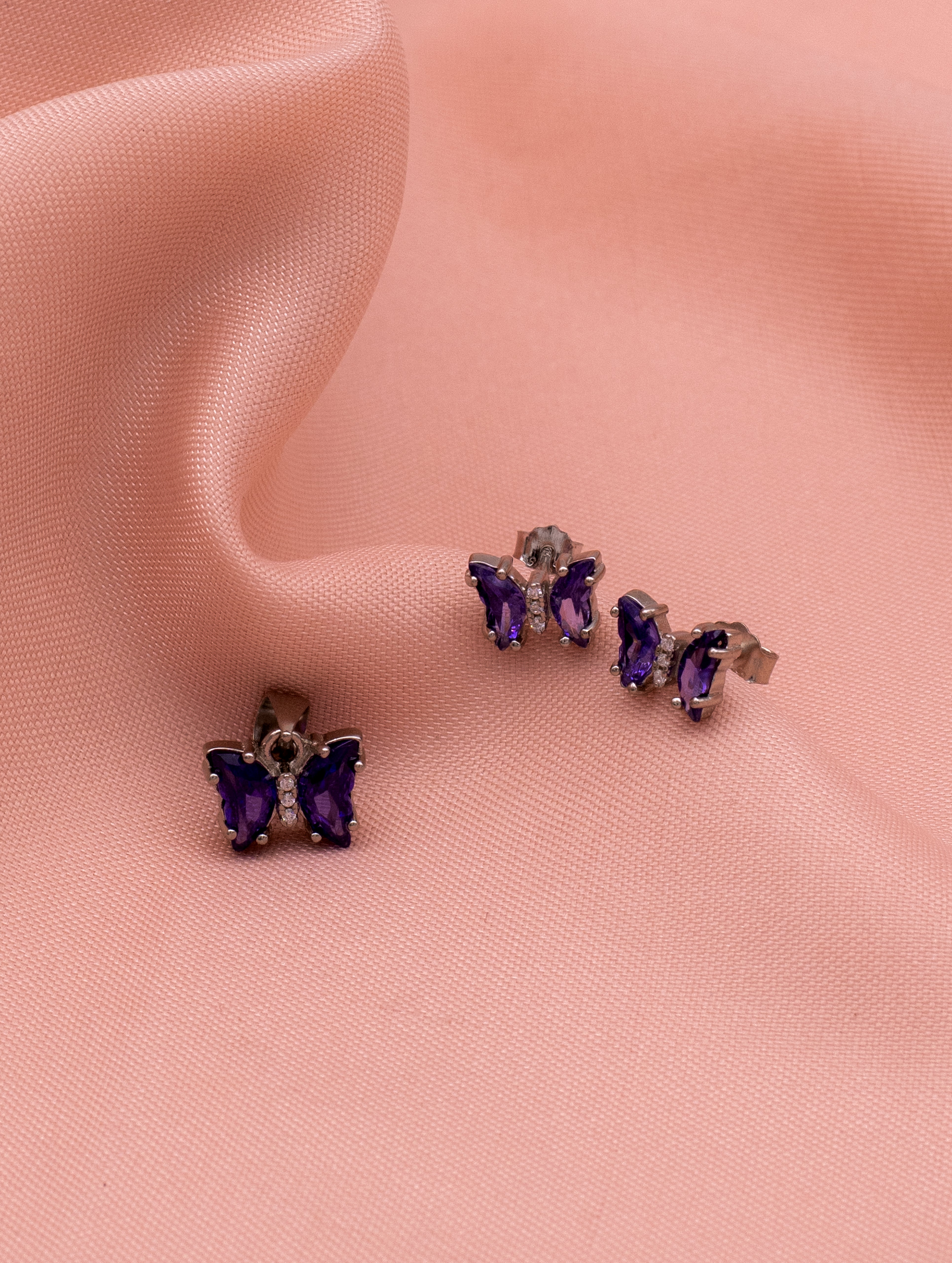 Purple Stone Butterfly Pendant & Earrings Set with Swarovski Zircon
