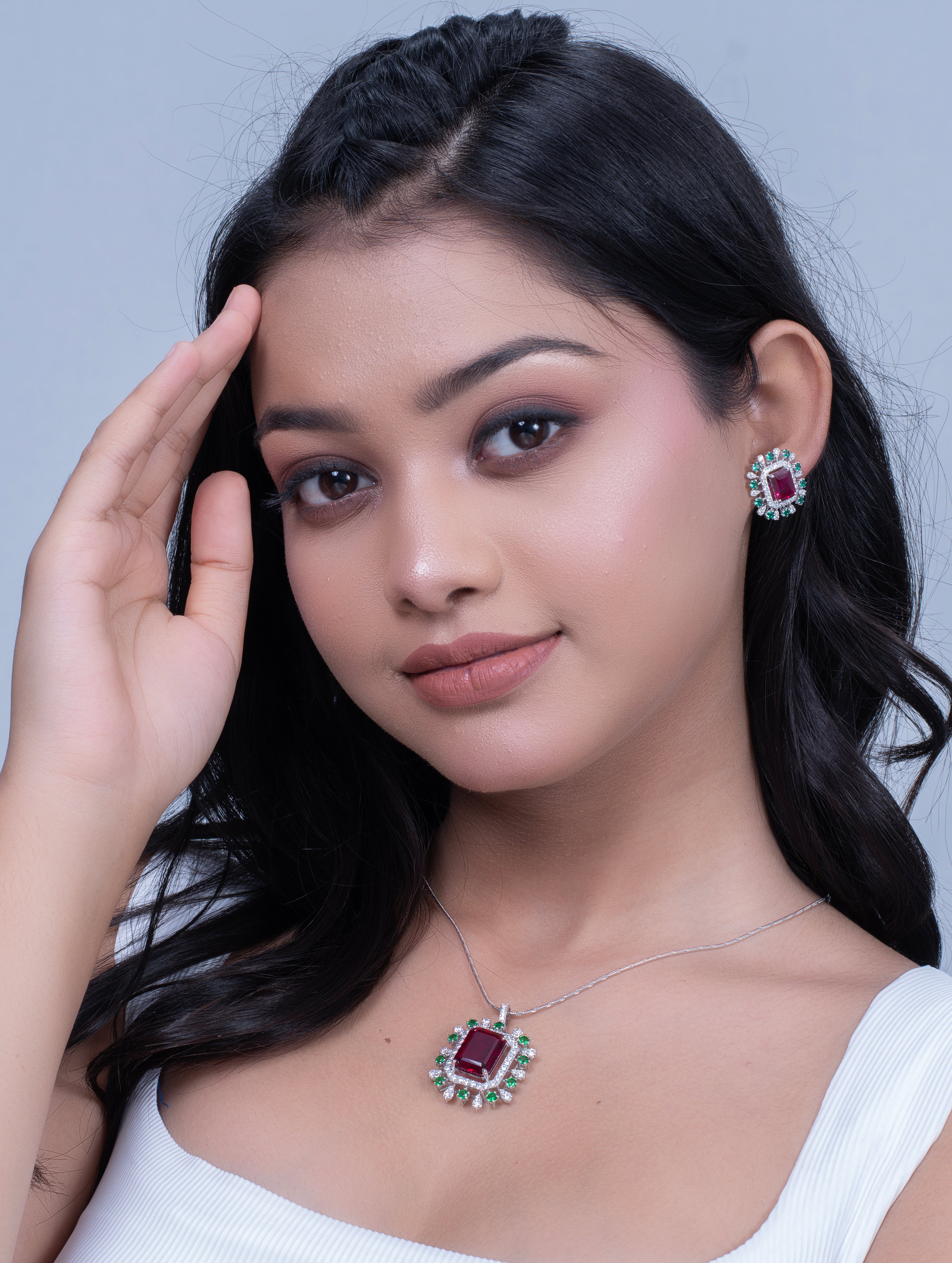 Red & Green Stone Rectangular Pendant & Earrings Set with Swarovski Zircon