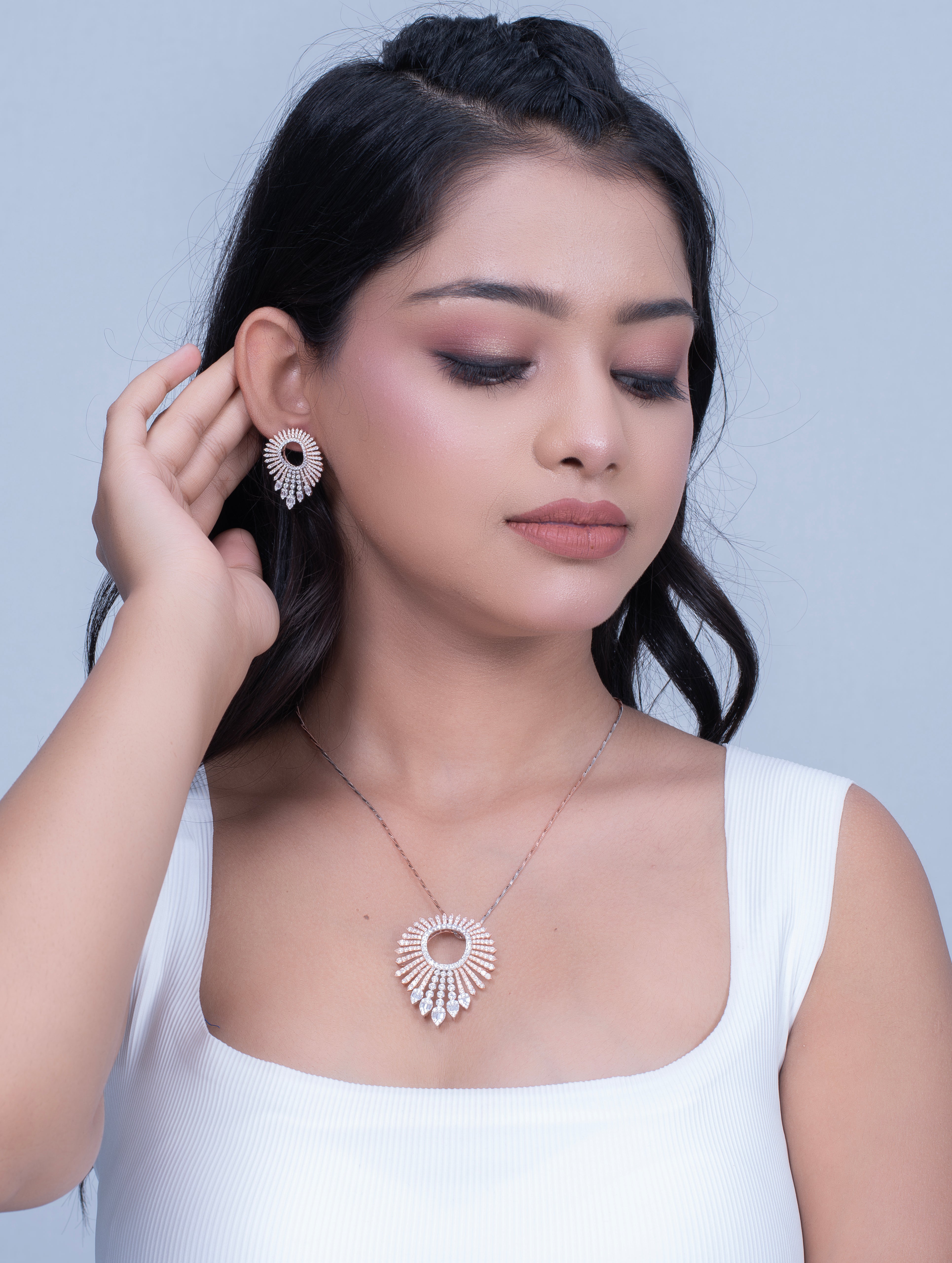Sunburst Rose Gold Pendant & Earrings Set with Swarovski Zircon