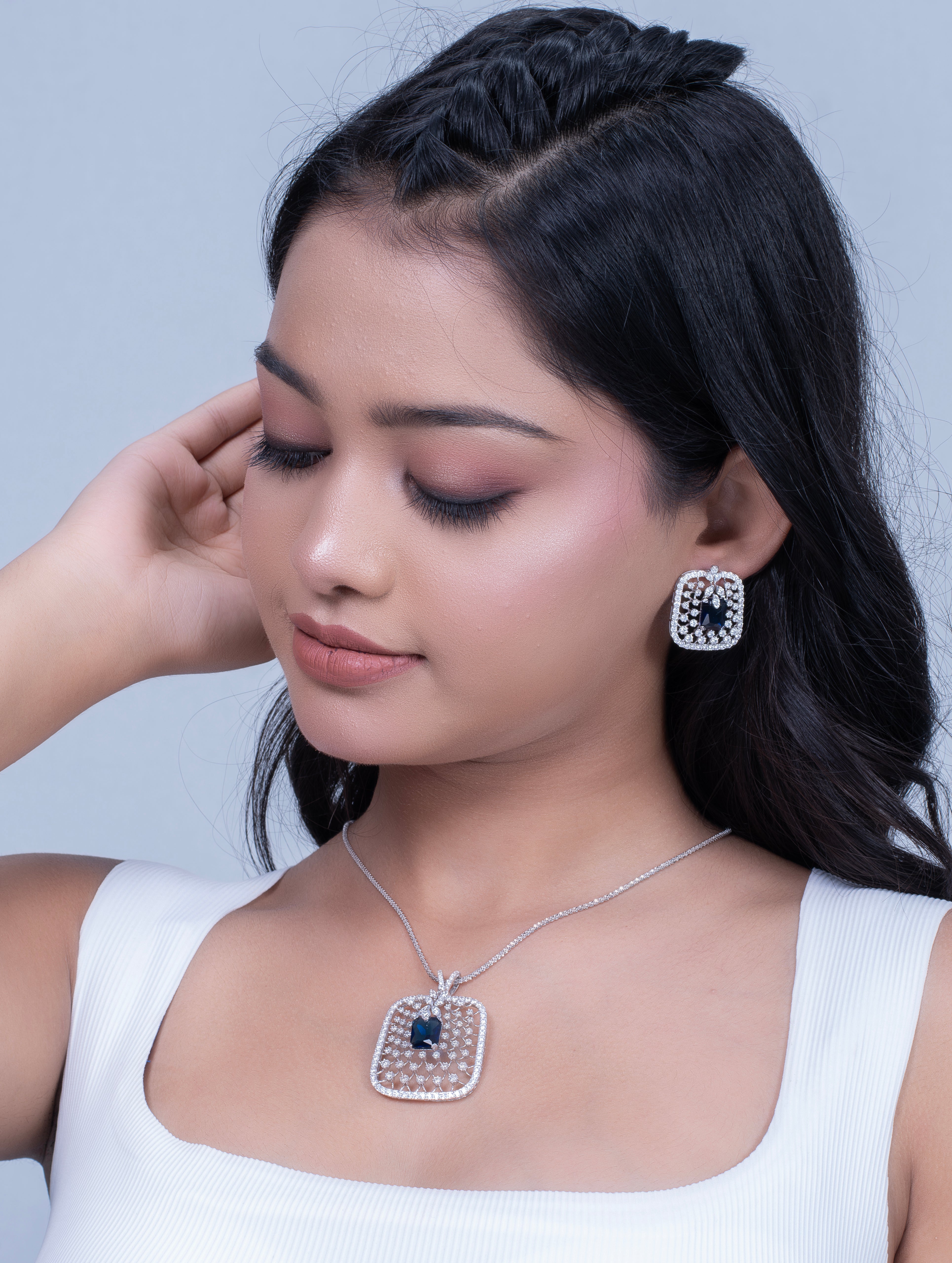 Blue Stone & White Swarovski Zircon Rounded Square Pendant & Earrings Set