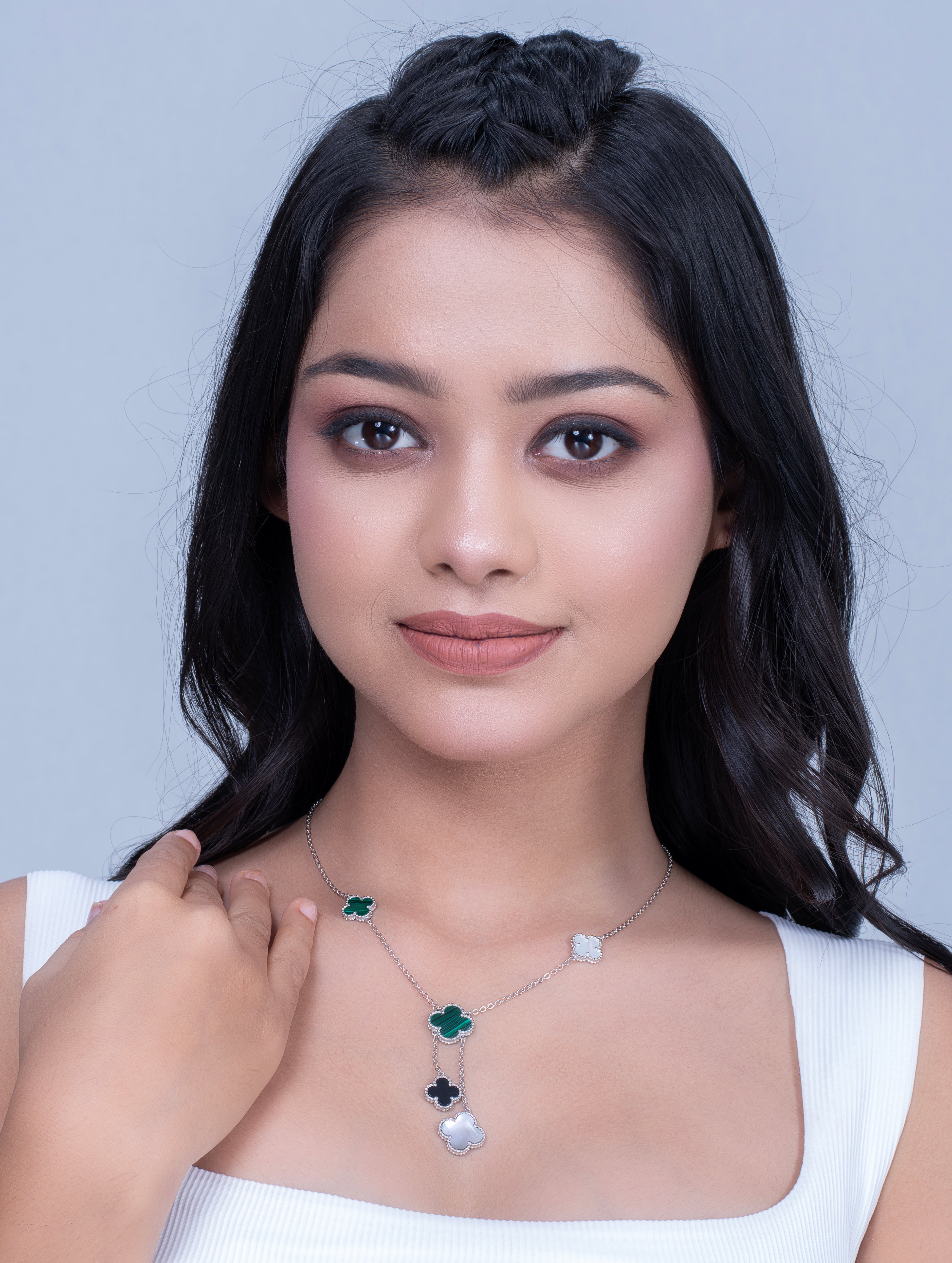 Green & White Clover Silver Necklace