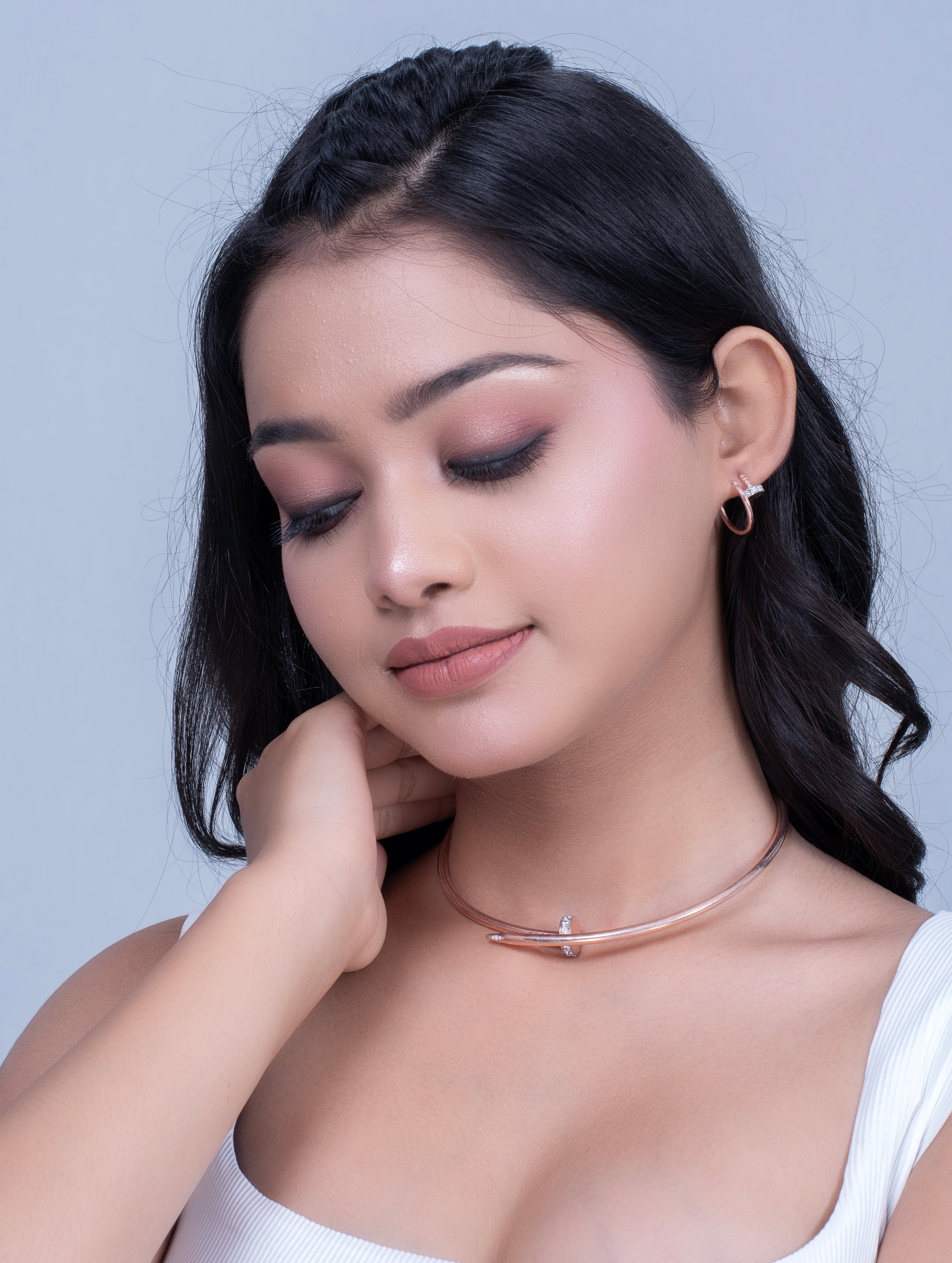 Rose Gold-Tone Twisted Nail Bangle & Hoop Earrings Set with White Swarovski Zircon