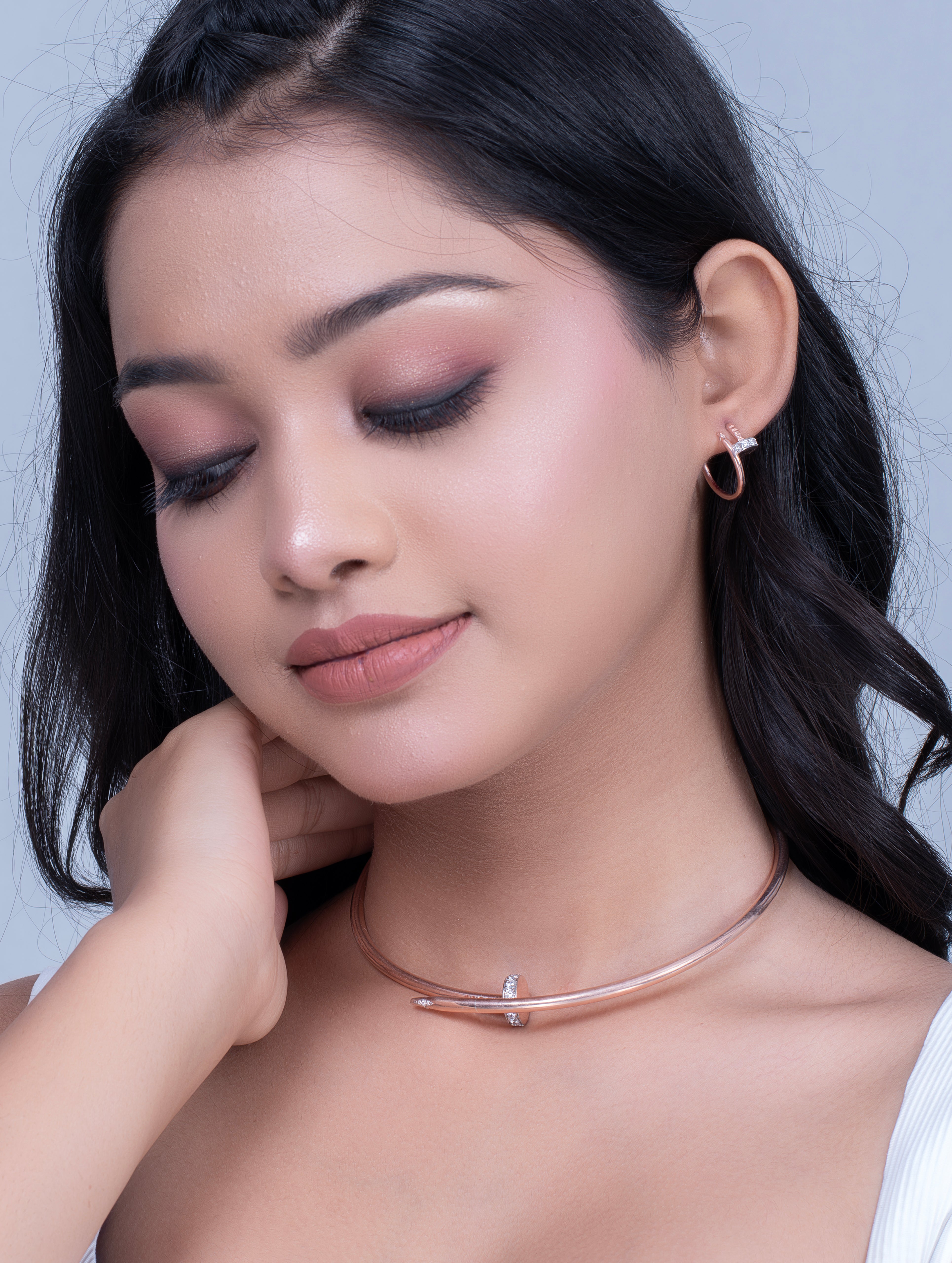 Rose Gold-Tone Twisted Nail Bangle & Hoop Earrings Set with White Swarovski Zircon