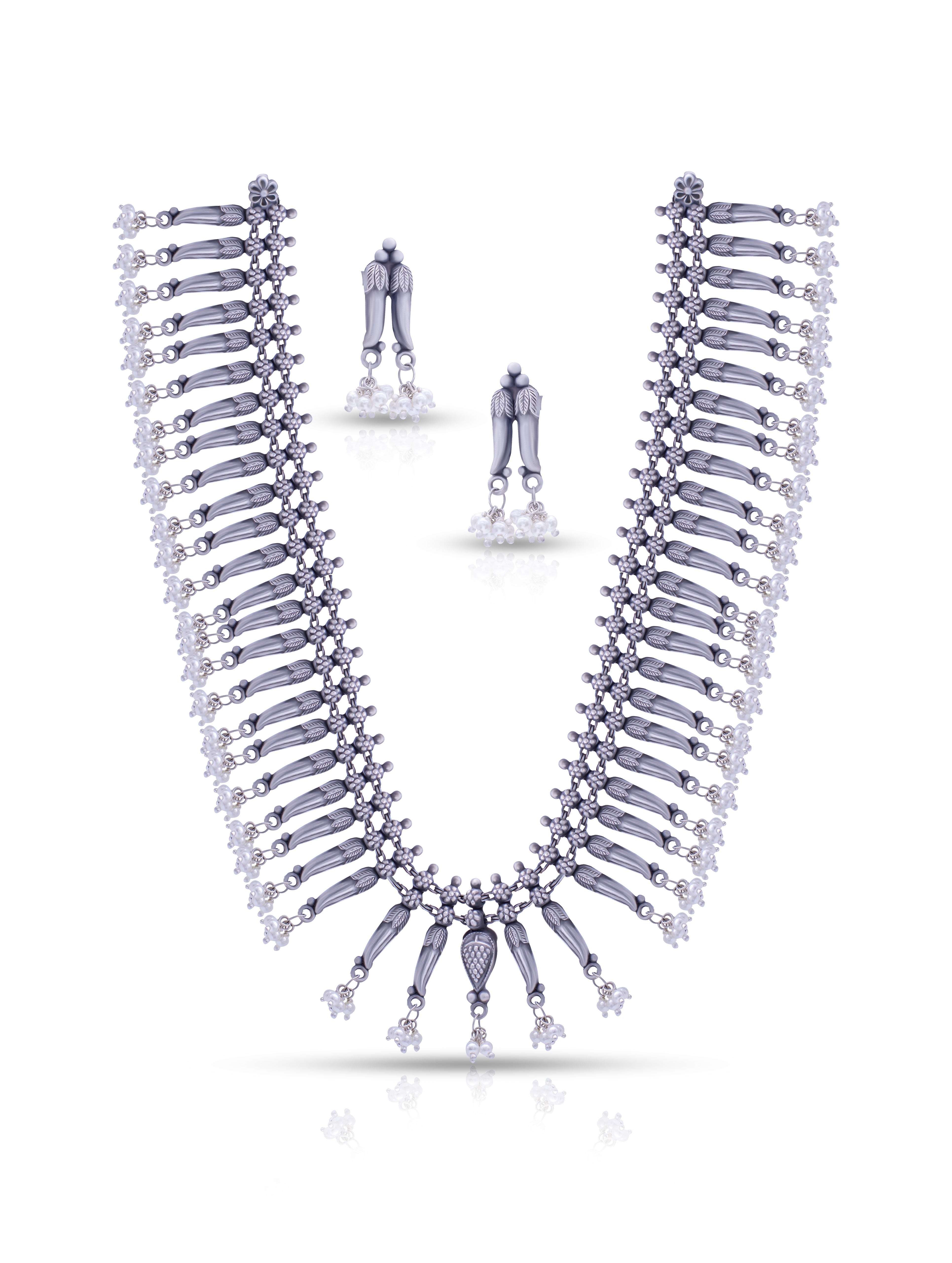 Oxidized Silver Short Necklace & Basra Pearl Earrings Set