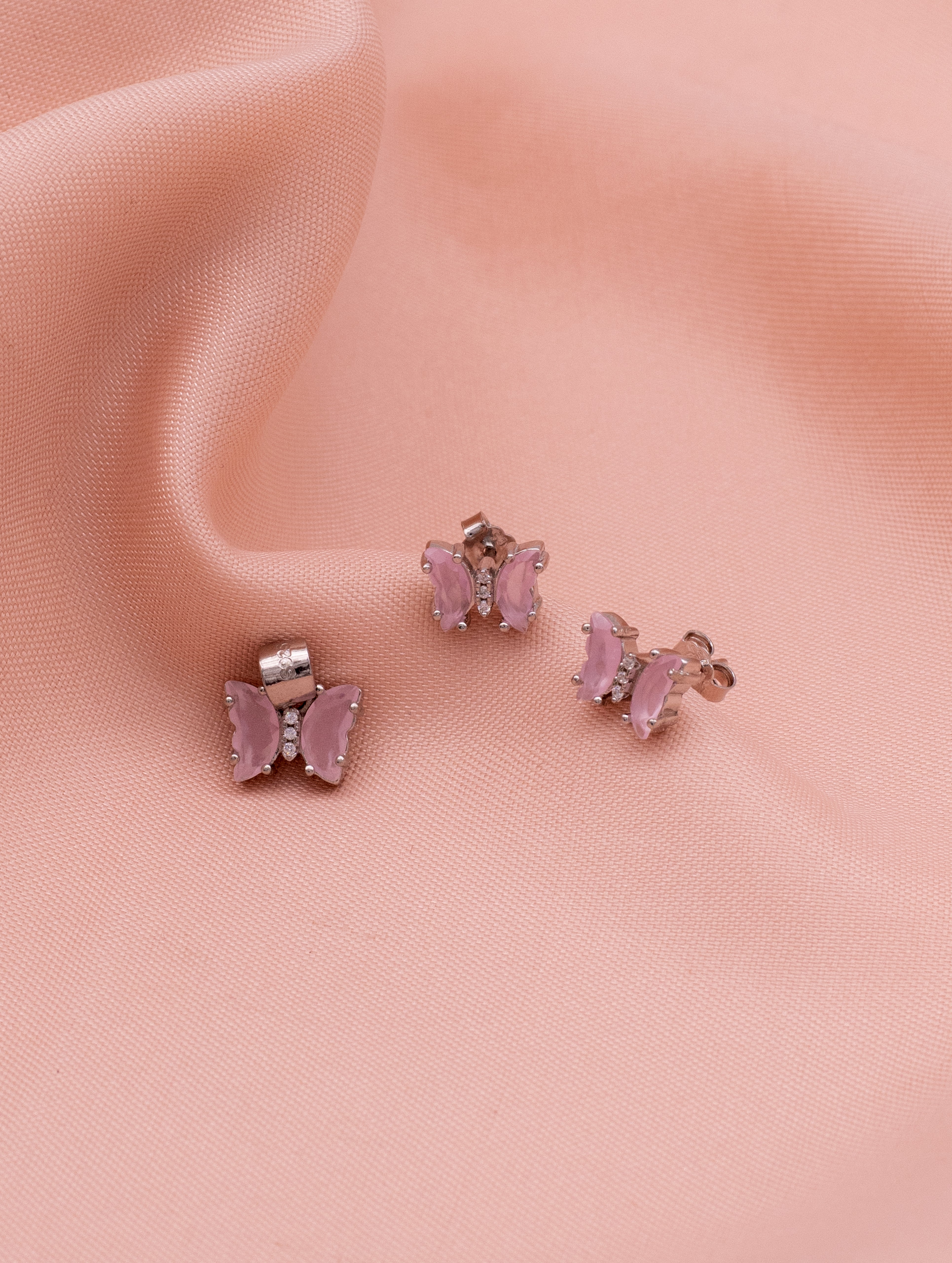 Pink Stone Butterfly Pendant & Earrings Set with Swarovski Zircon