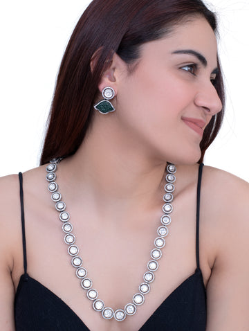 Long Silver Moissanite & Emerald Necklace & Earrings Set