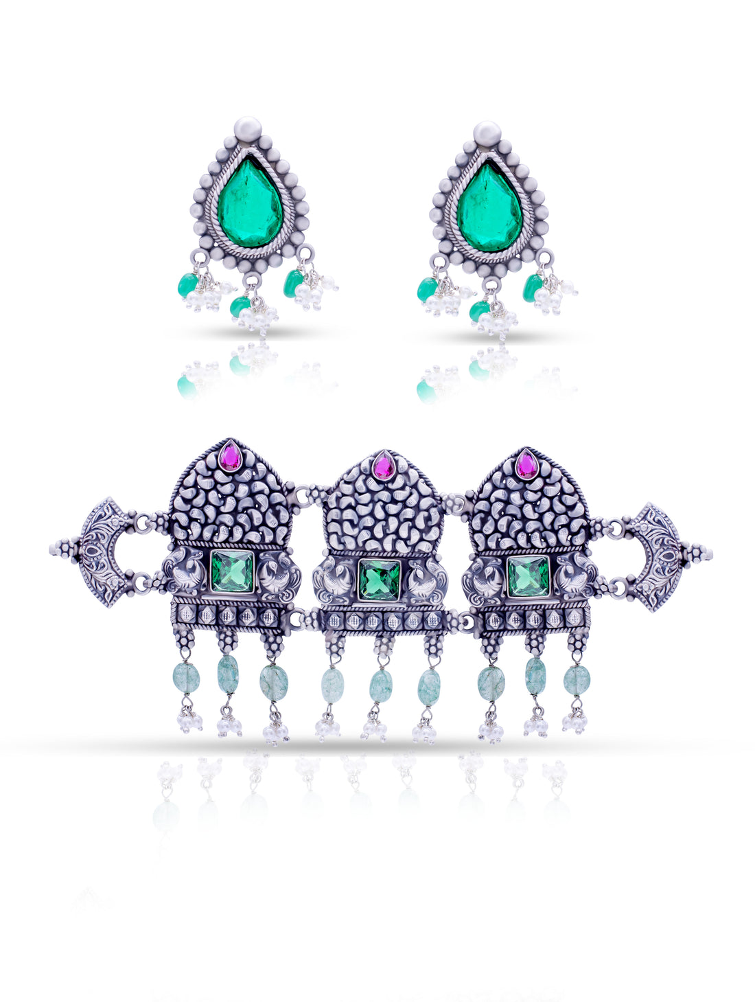 Oxidized Silver Basra Pearl & Emerald Necklace Set