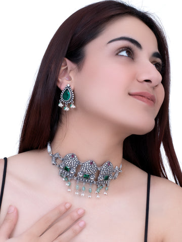 Oxidized Silver Basra Pearl & Emerald Necklace Set