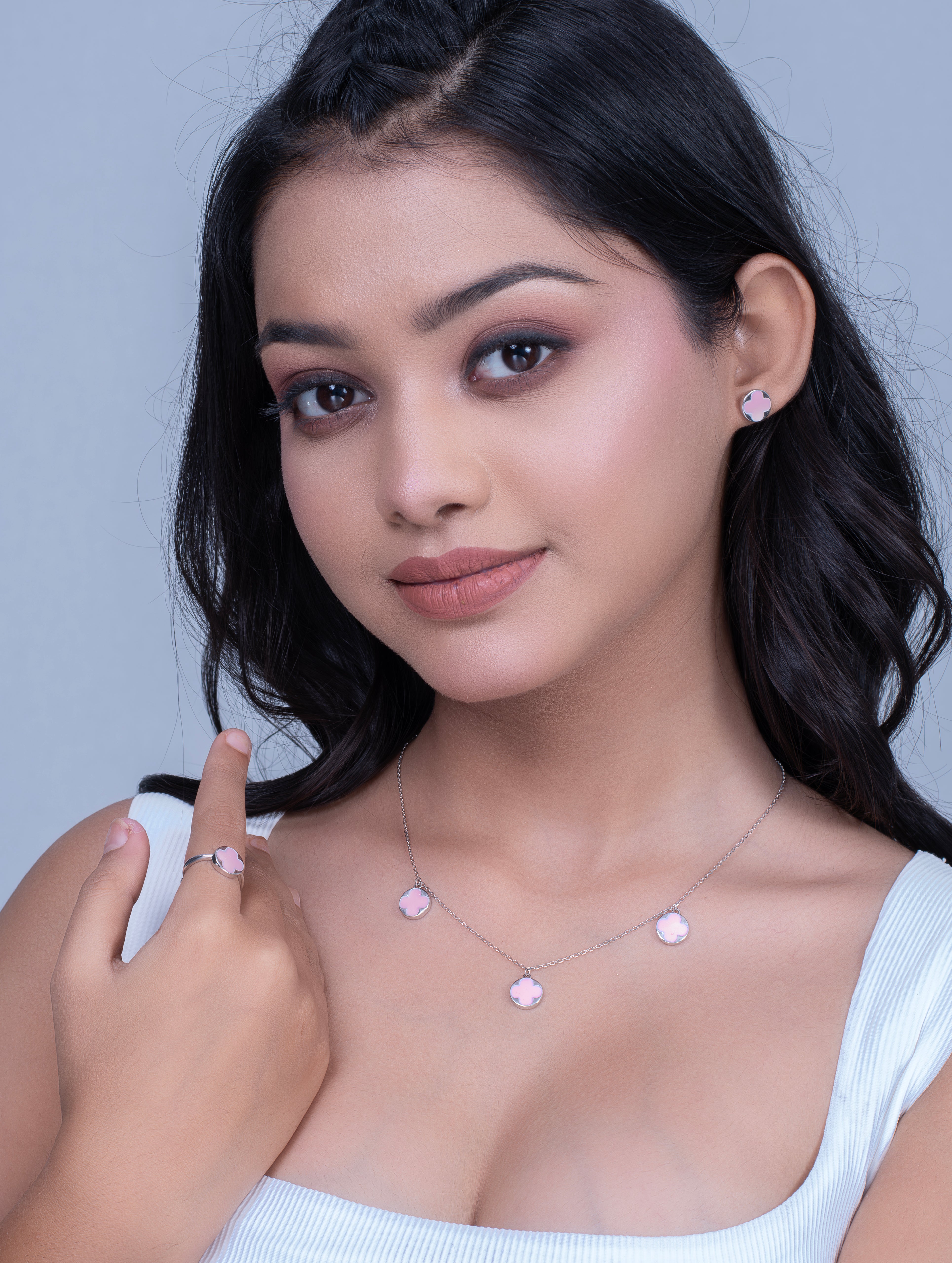 Pink Enamel Clover Silver Jewelry Set