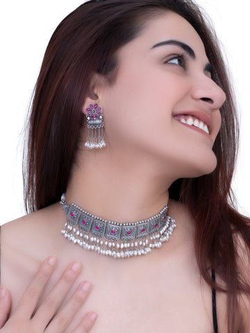 Oxidized Silver Floral Choker & Pearl Earring Set