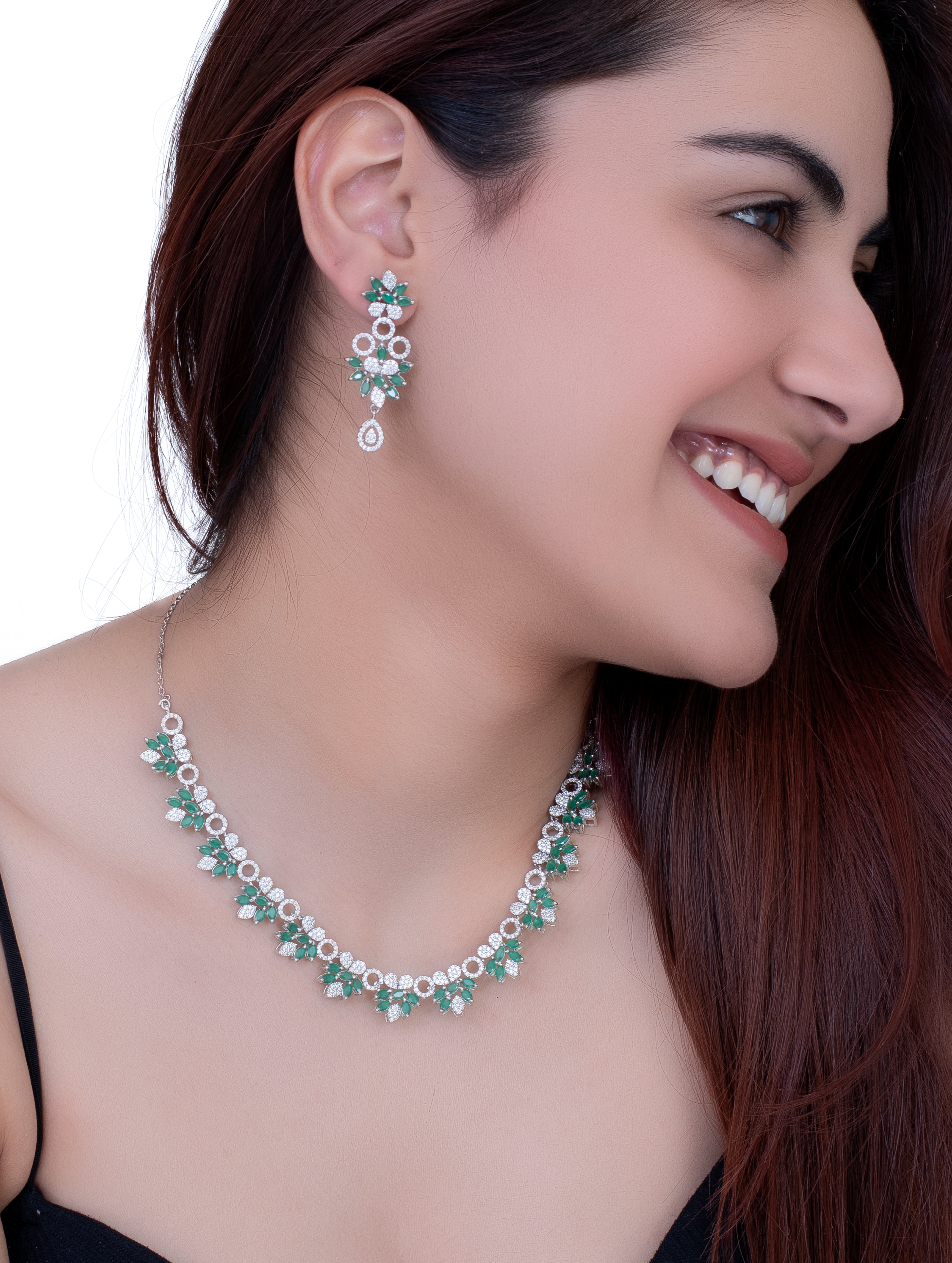 Silver Green & White Stone Necklace & Earrings Set