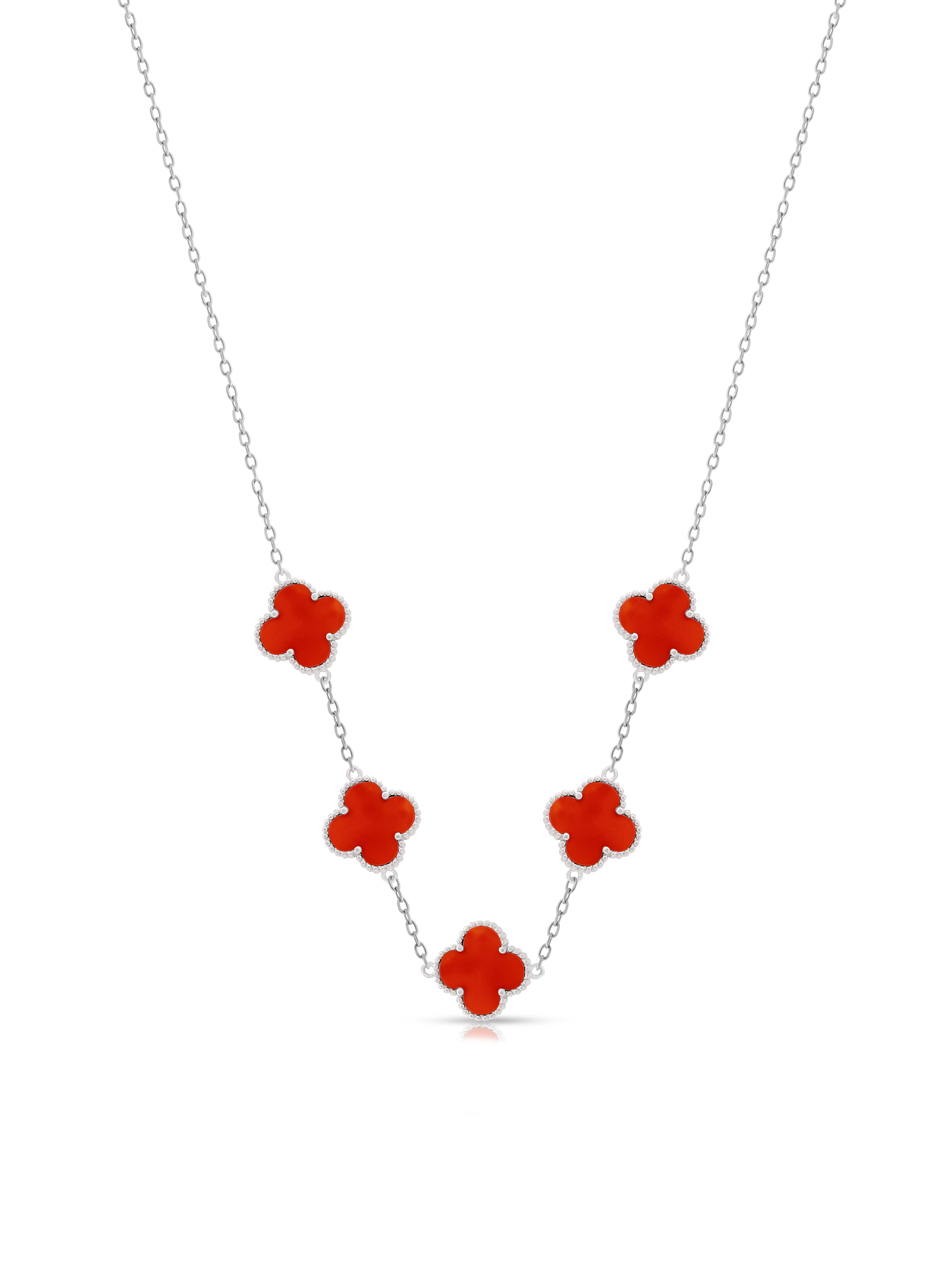 Red Enamel Clover Silver Necklace