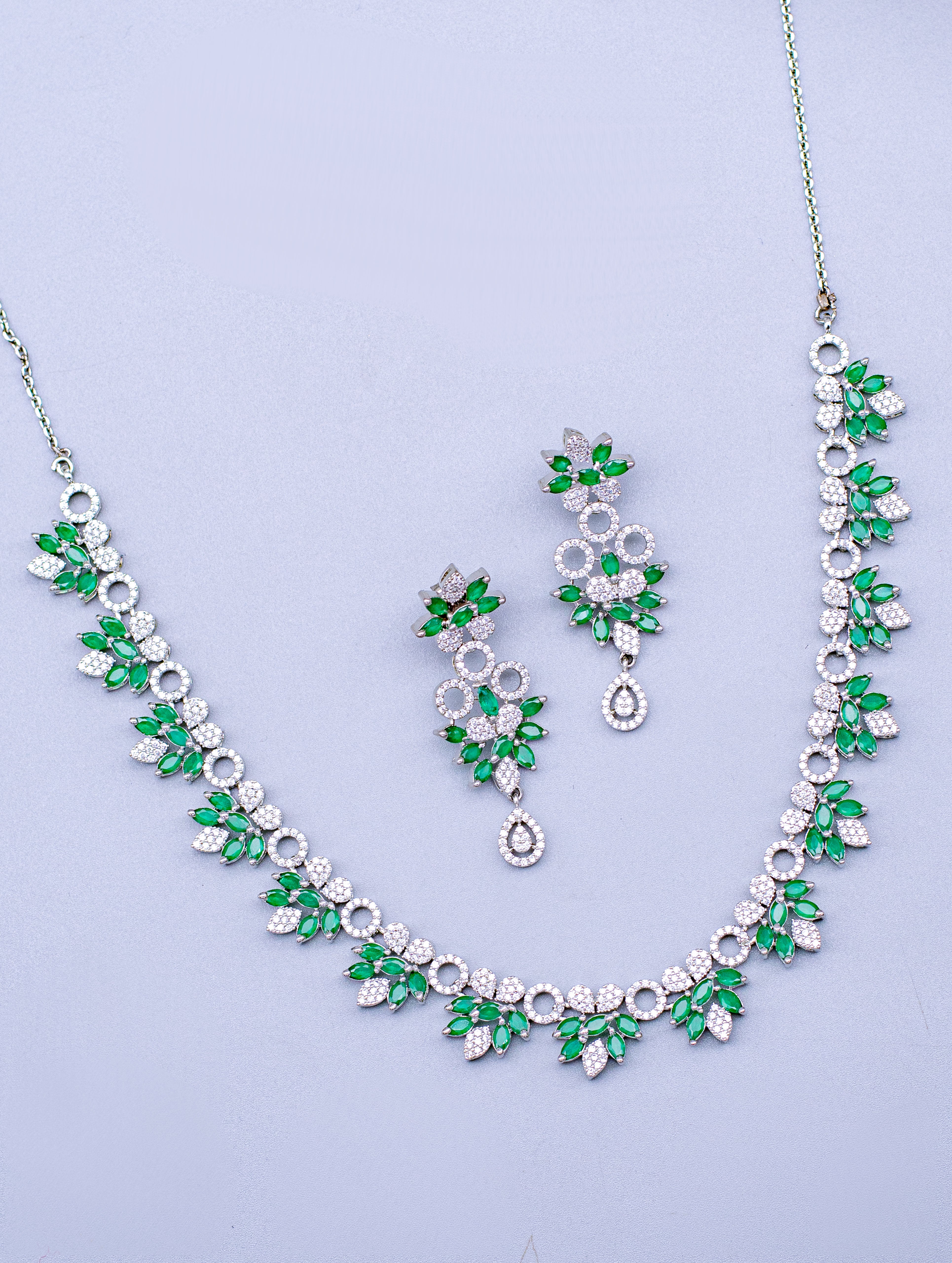 Silver Green & White Stone Necklace & Earrings Set