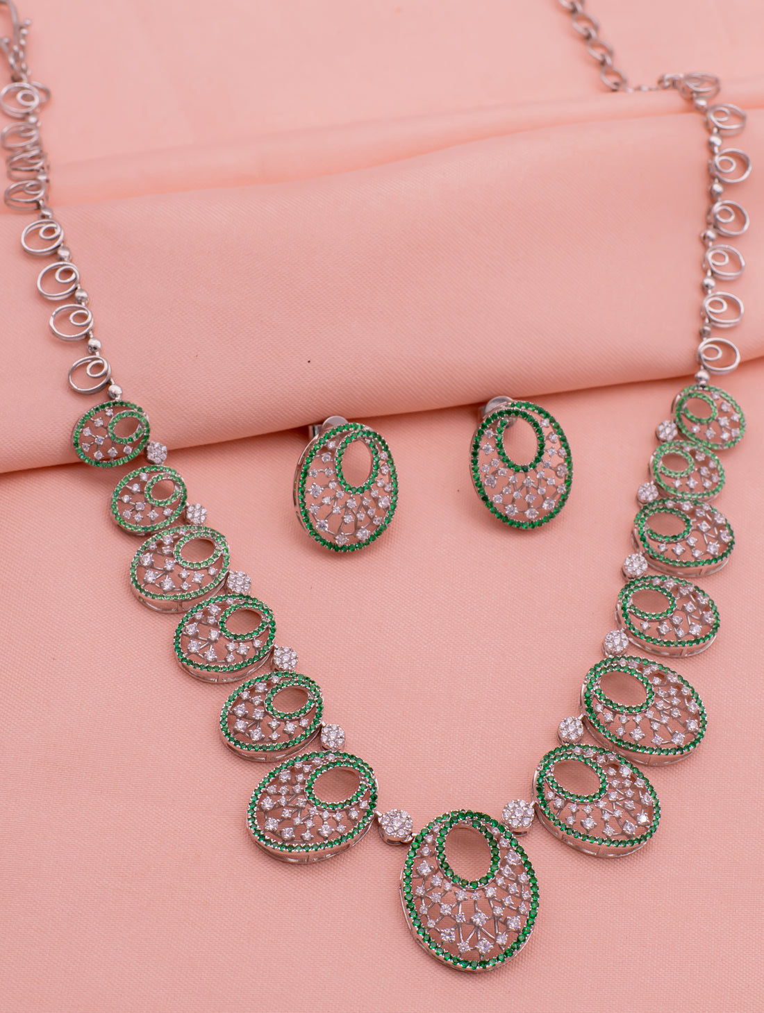 Green & White Swarovski Zircon Oval Pendant Necklace Set