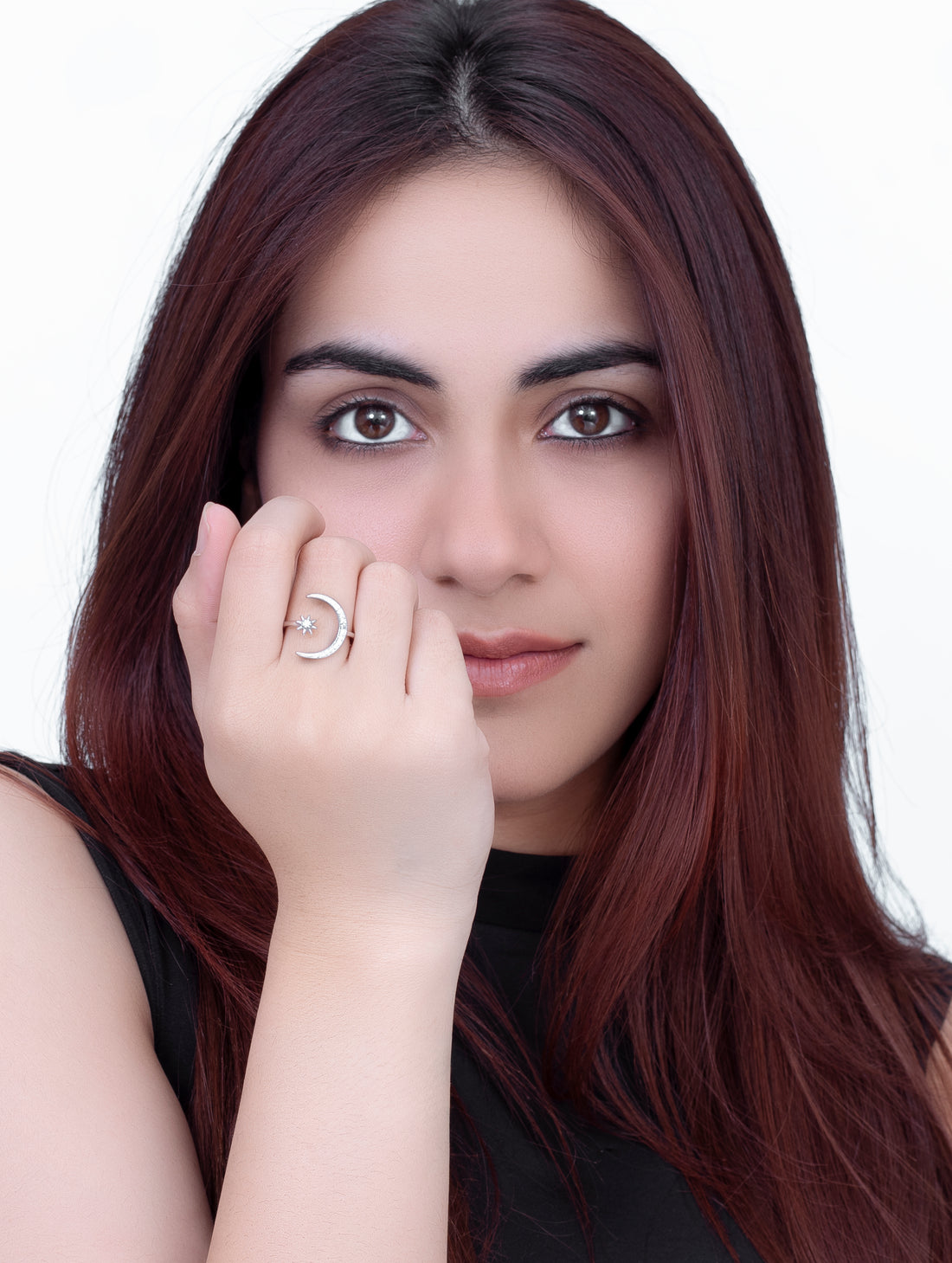 Silver Crescent Moon & Star Ring