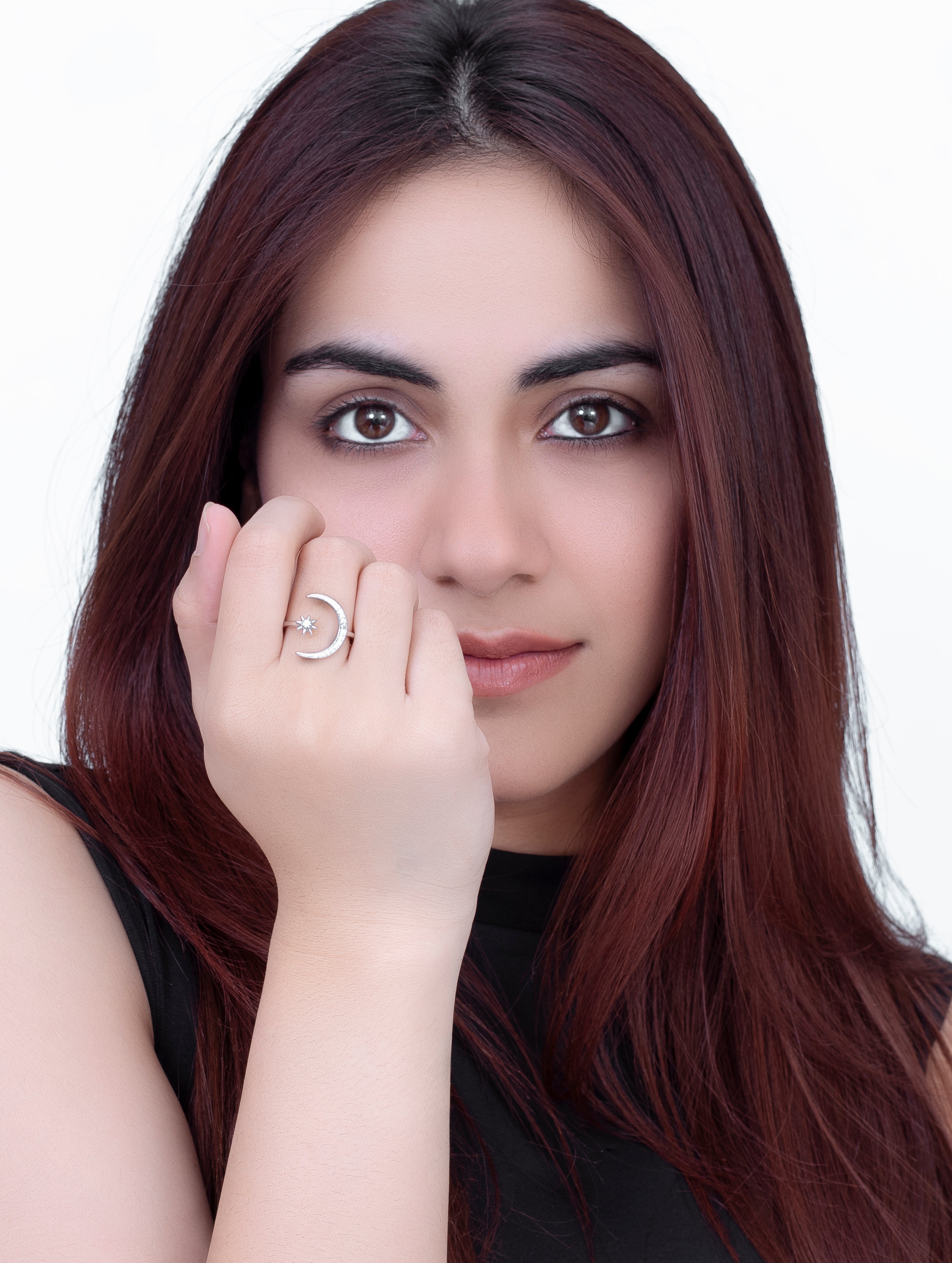 Silver Crescent Moon & Star Ring