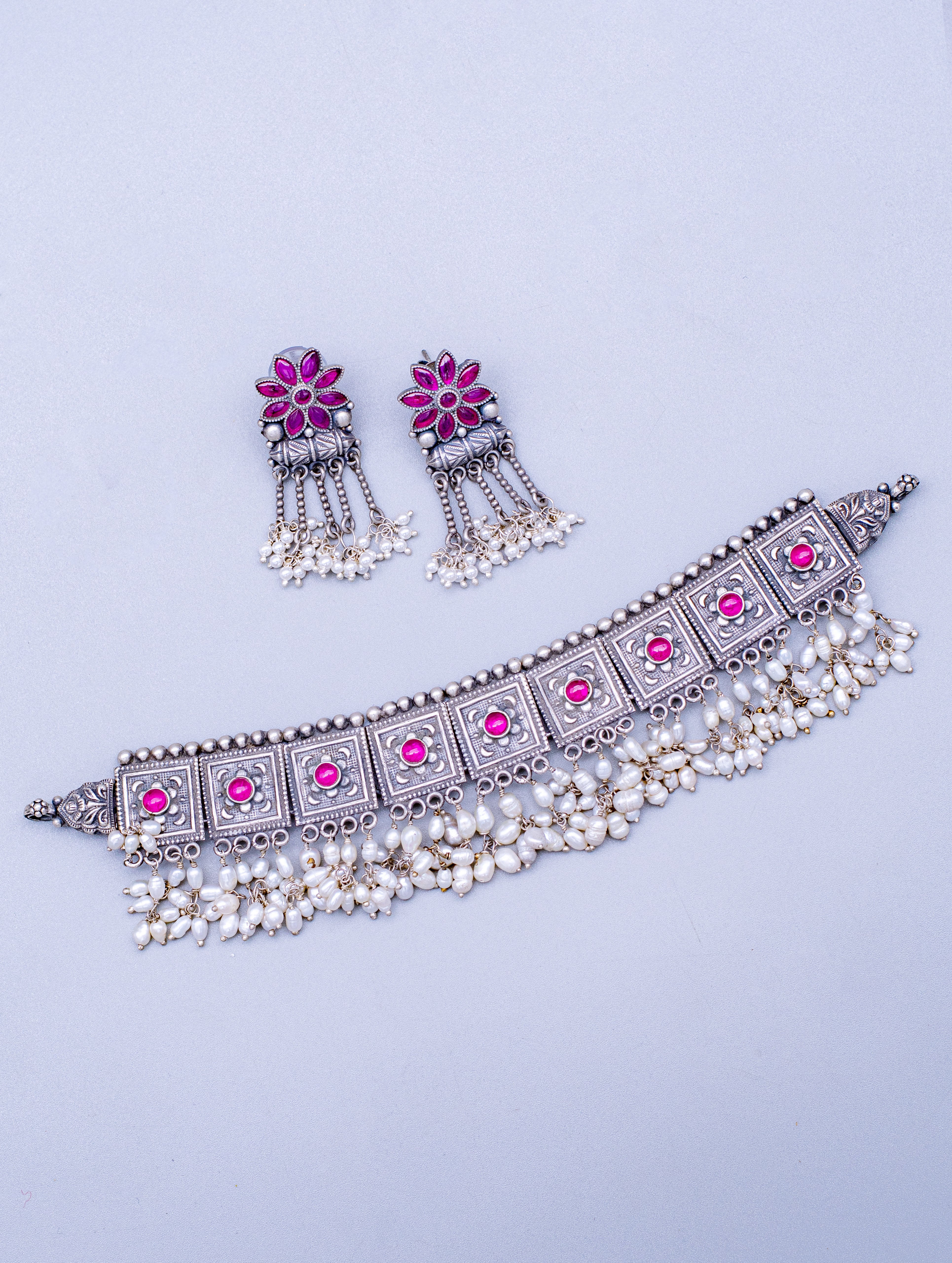 Oxidized Silver Floral Choker & Pearl Earring Set