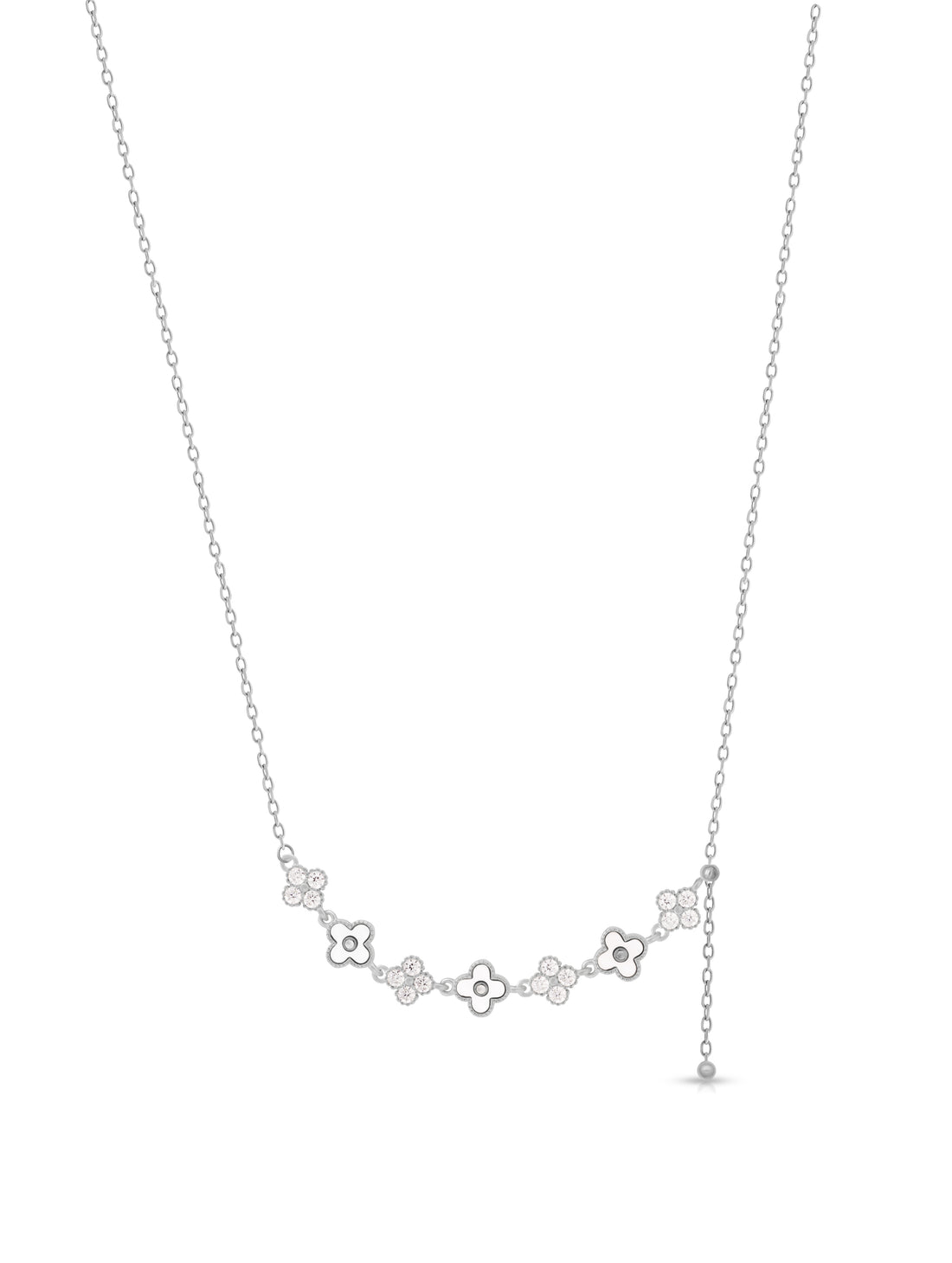 Floral & Clover Motif Silver Necklace with Swarovski Zircon